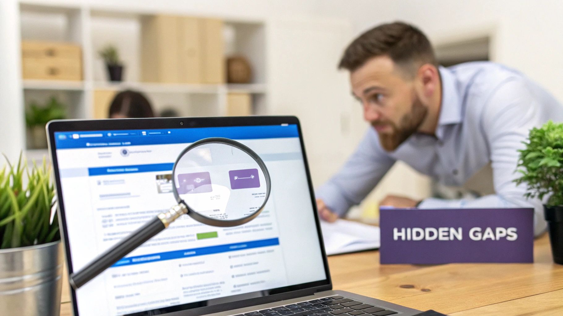 A man uses a magnifying glass to review data on a laptop, revealing hidden gaps.