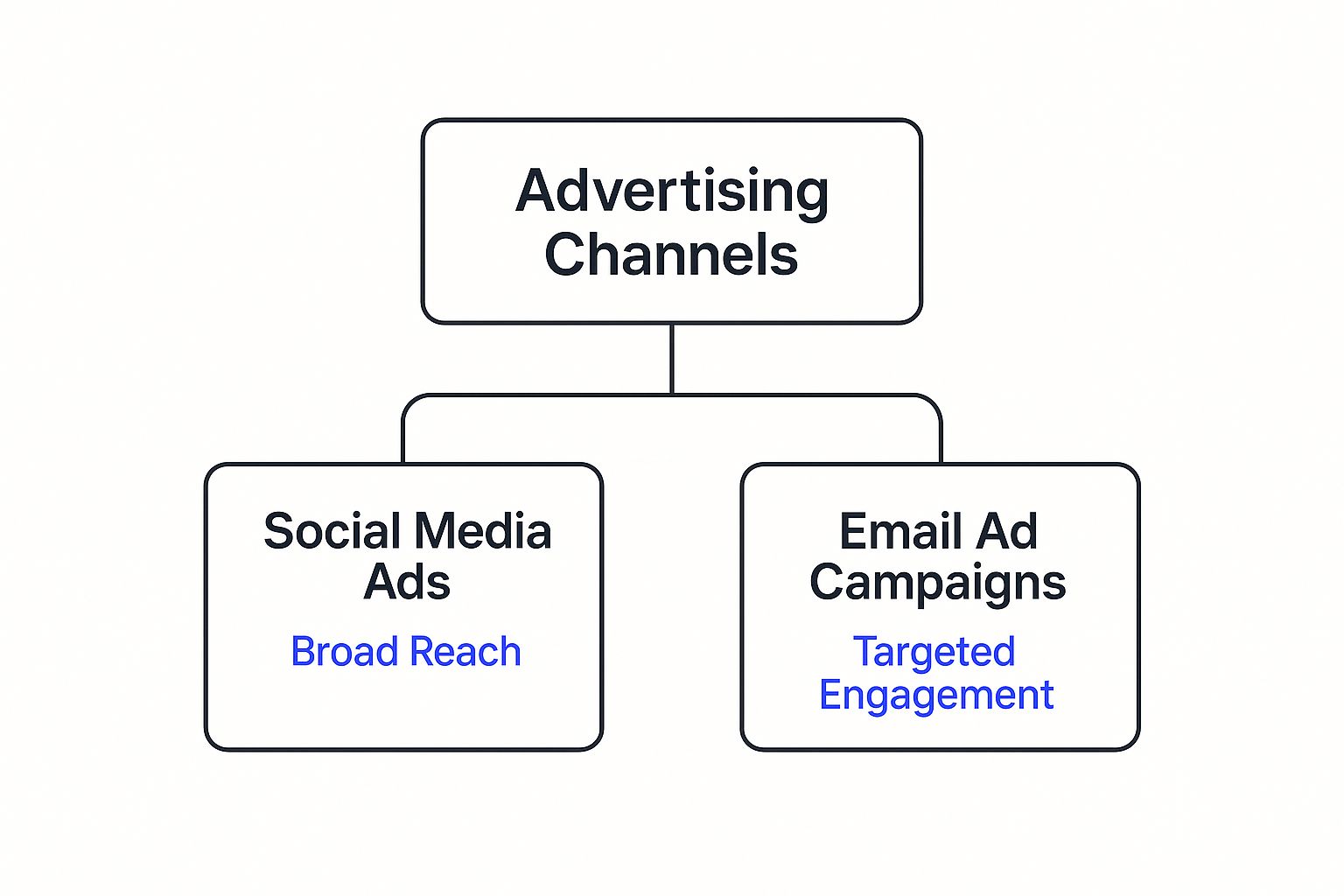 Infographic comparing Social Media Ads for broad reach versus Email Ad Campaigns for targeted engagement.