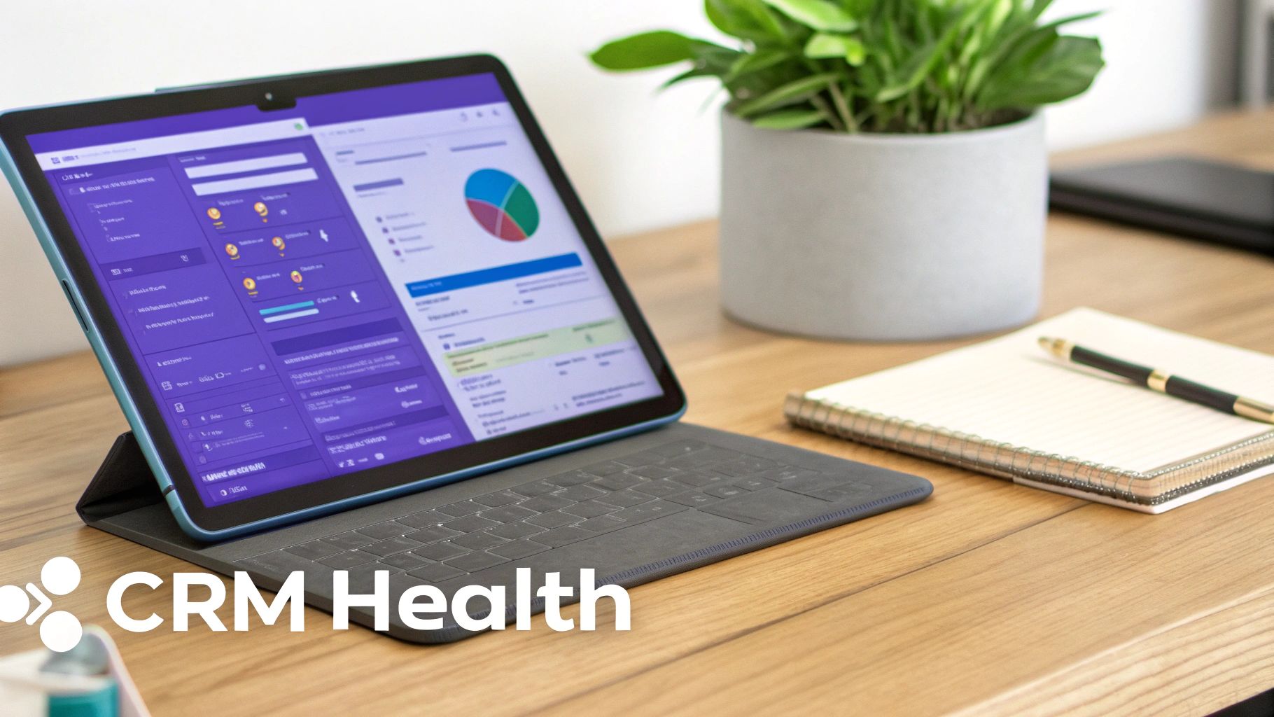 A tablet on a wooden desk displays a CRM dashboard with data, charts, and key metrics.