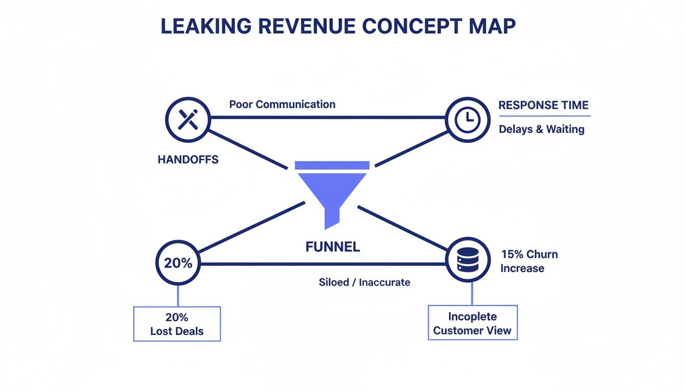 Concept map of leaking revenue, showing a funnel with issues like poor communication, handoffs, and incomplete customer data.