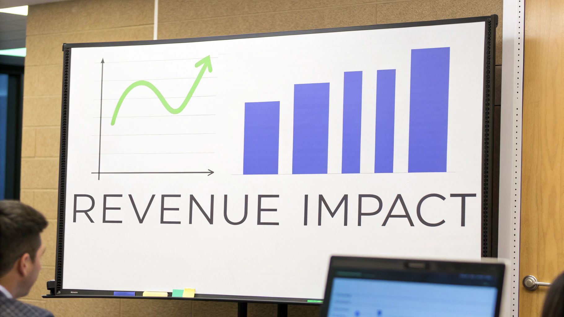 A whiteboard shows 'REVENUE IMPACT' with a line graph and bar chart depicting increasing growth.