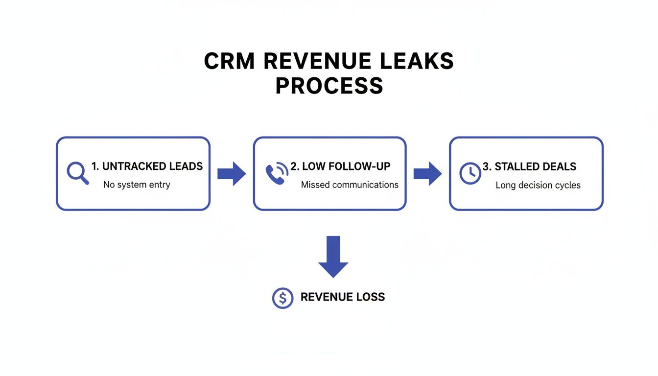 Diagram illustrating CRM revenue leaks process with untracked leads, low follow-up, and stalled deals leading to revenue loss.