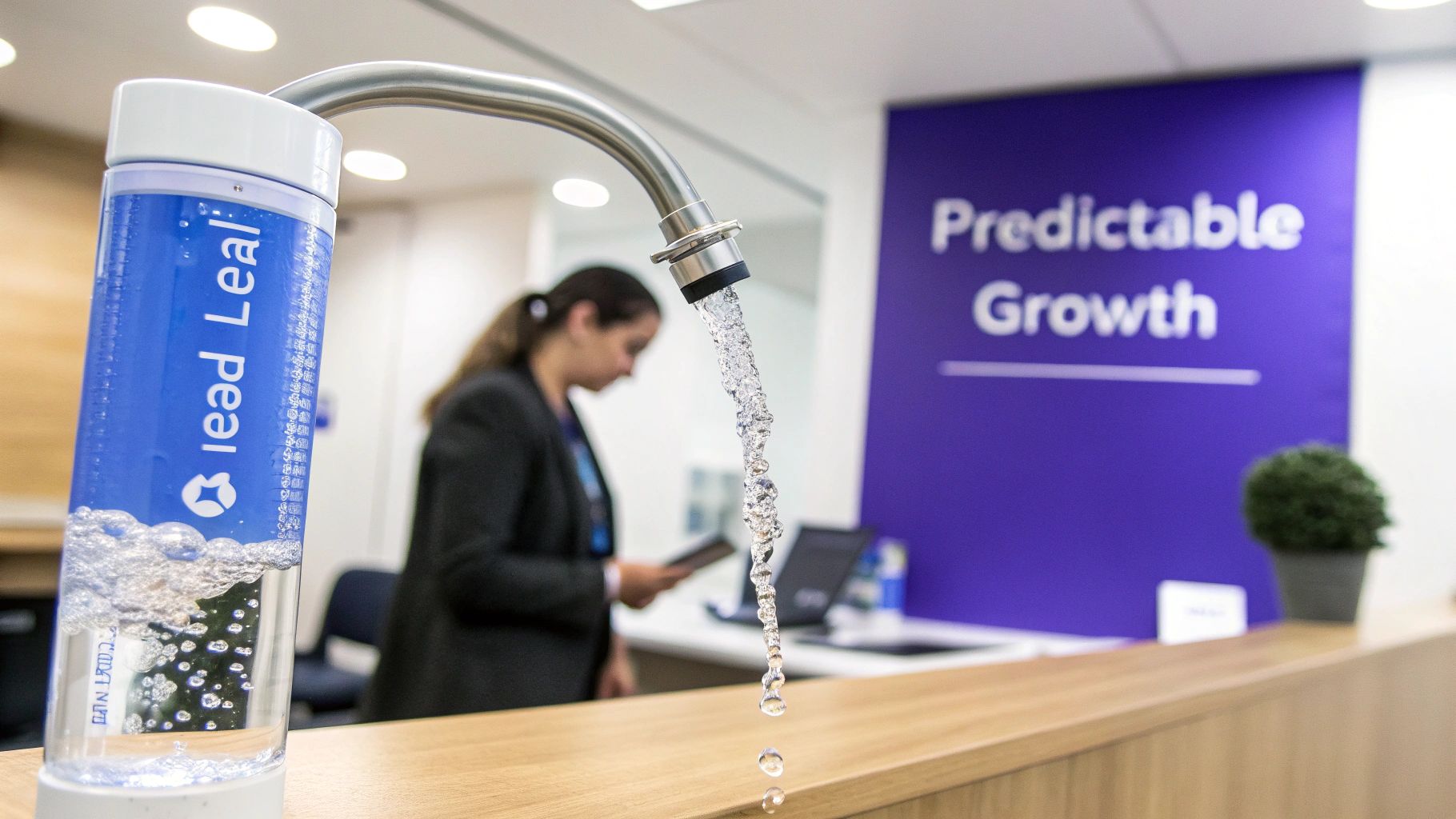 A 'Lead Leal' water bottle is filled from a tap in a modern office with a 'Predictable Growth' sign.