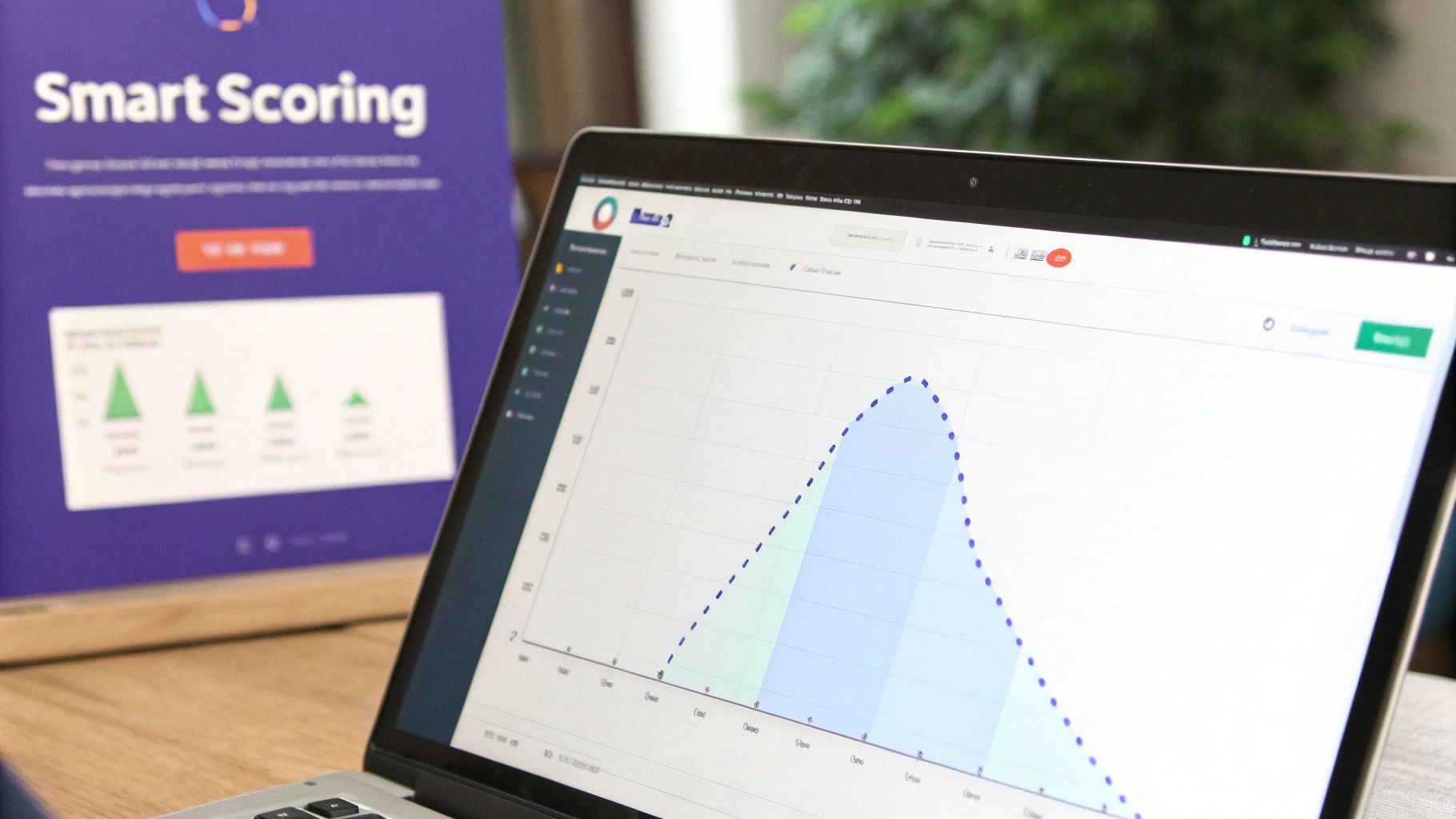 A laptop displays a data analytics graph with a curved line and shaded areas, a 'Smart Scoring' poster visible in the background.