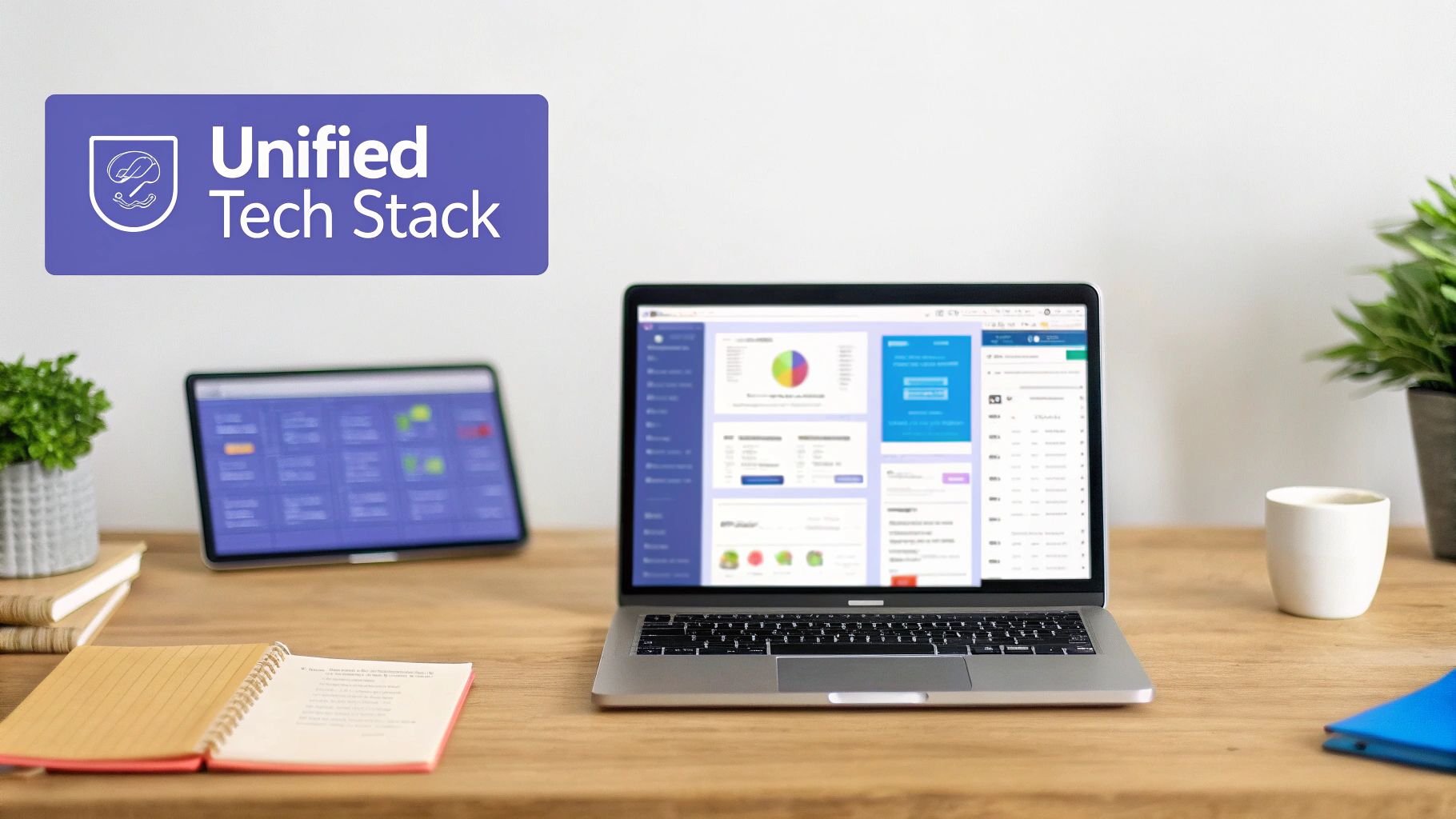 A modern workspace showing a laptop, tablet displaying dashboards, and a 'Unified Tech Stack' sign.