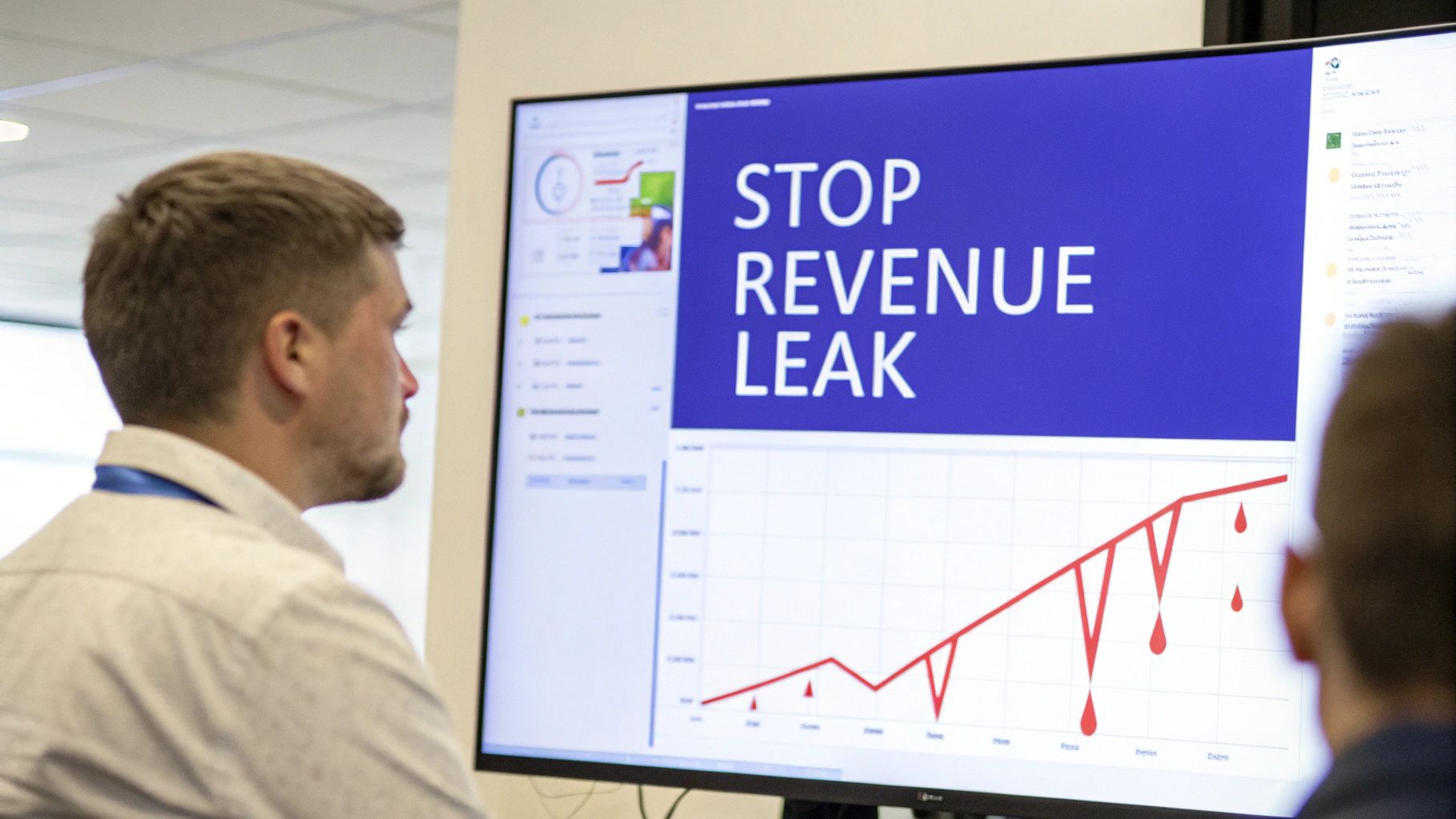A man views a screen displaying 'STOP REVENUE LEAK' and a graph with red blood drops.