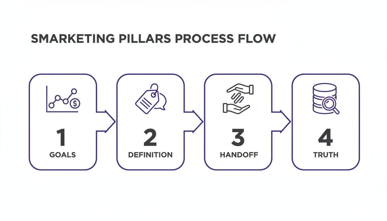 A Smarketing Pillars Process Flow diagram illustrating 4 steps: Goals, Definition, Handoff, Truth.
