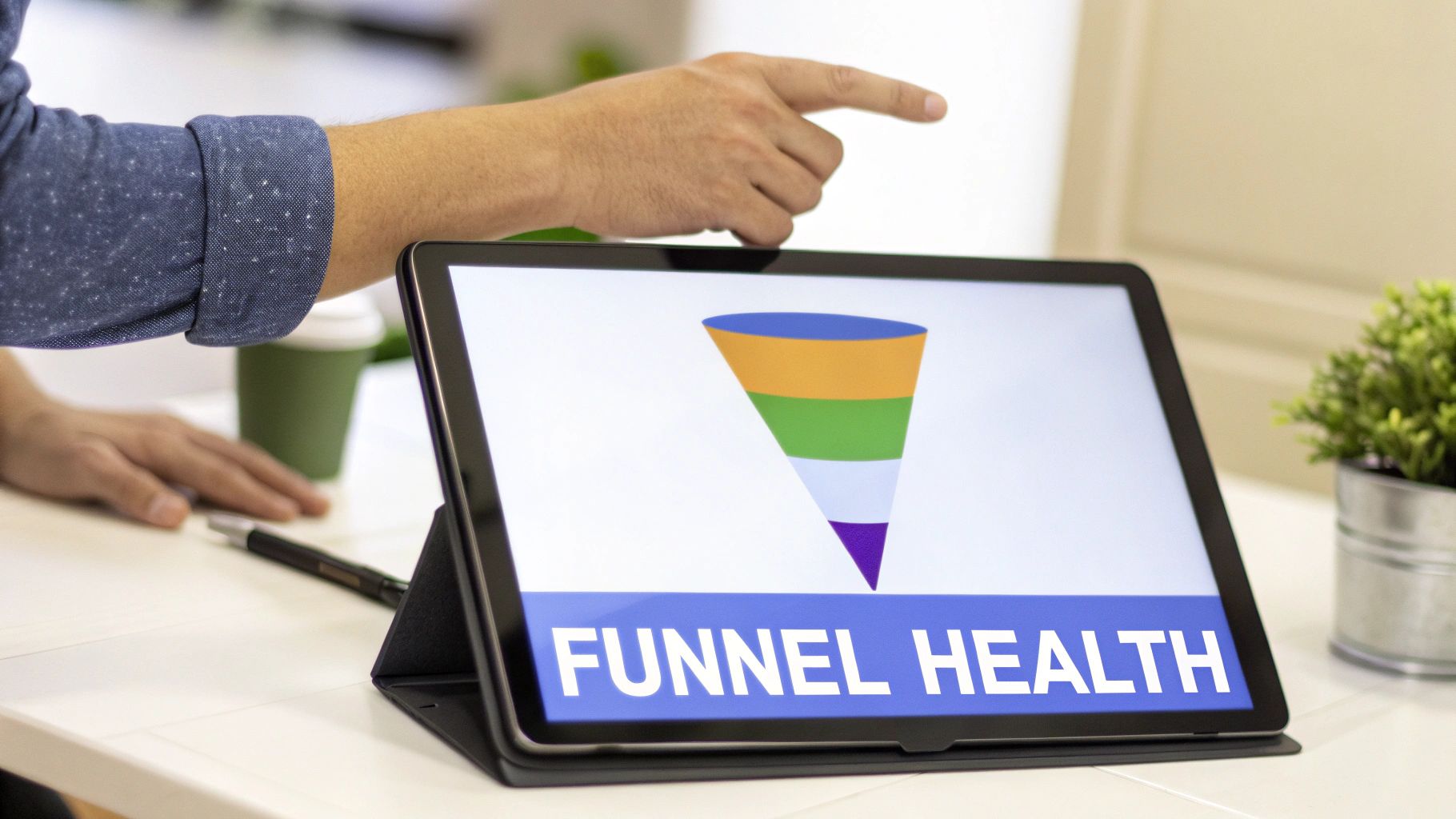 A person points at a tablet displaying a colorful sales funnel graphic and 'FUNNEL HEALTH' text.