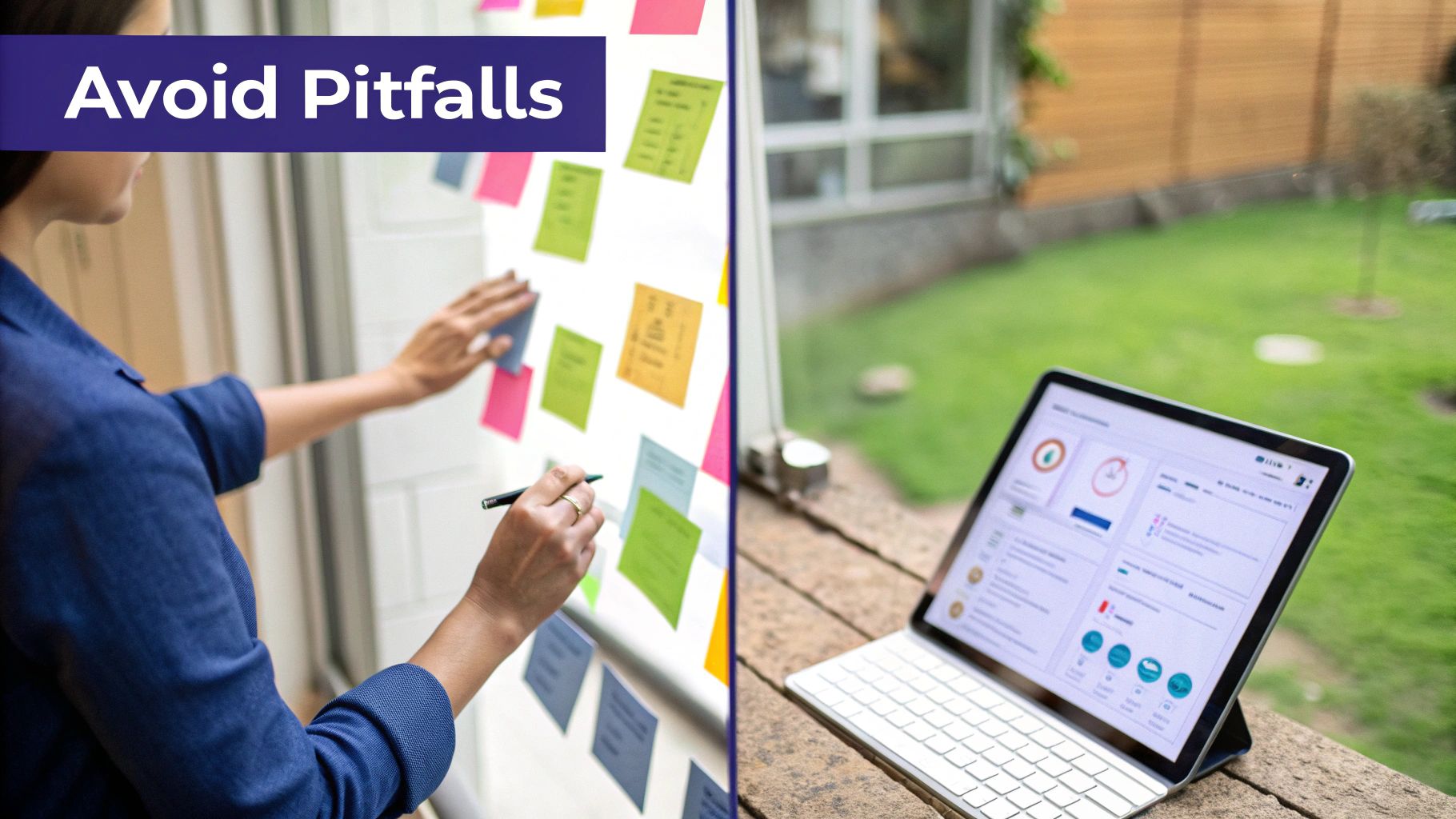 Business professional organizing colorful sticky notes on board while using laptop with analytics dashboard