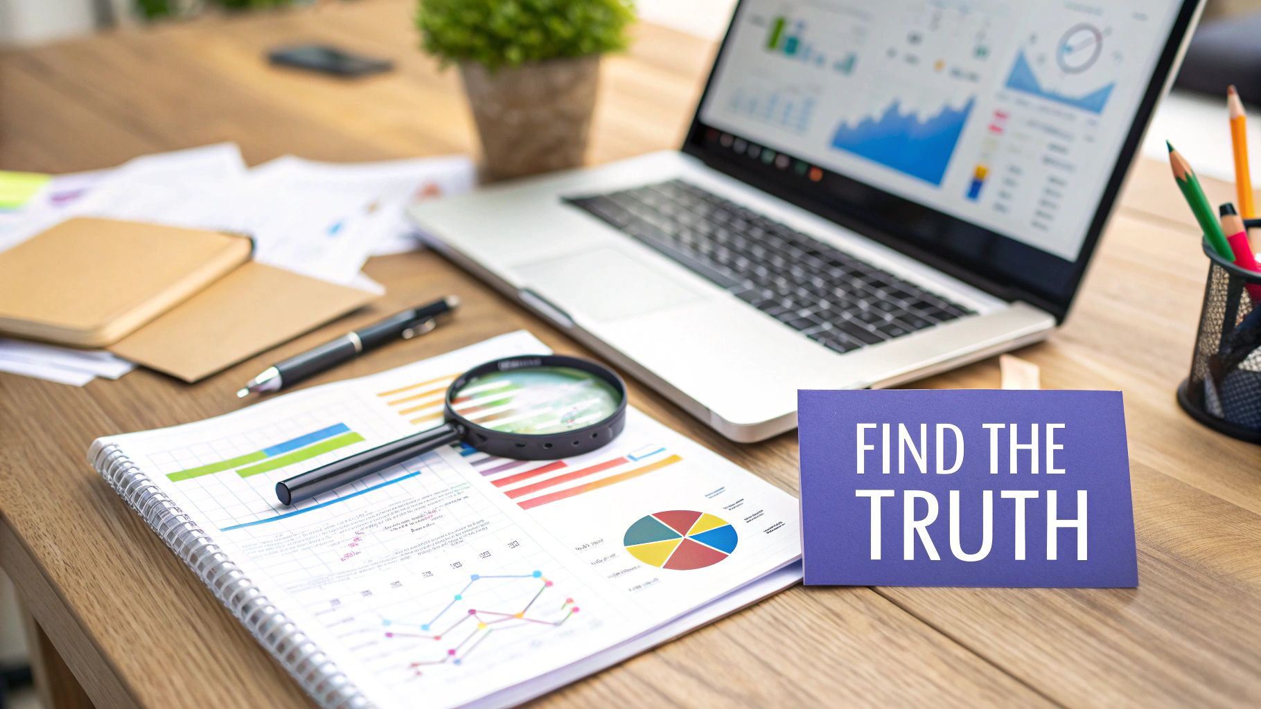 A desk with a laptop showing data charts, documents, a magnifying glass, and a 'FIND THE TRUTH' card.