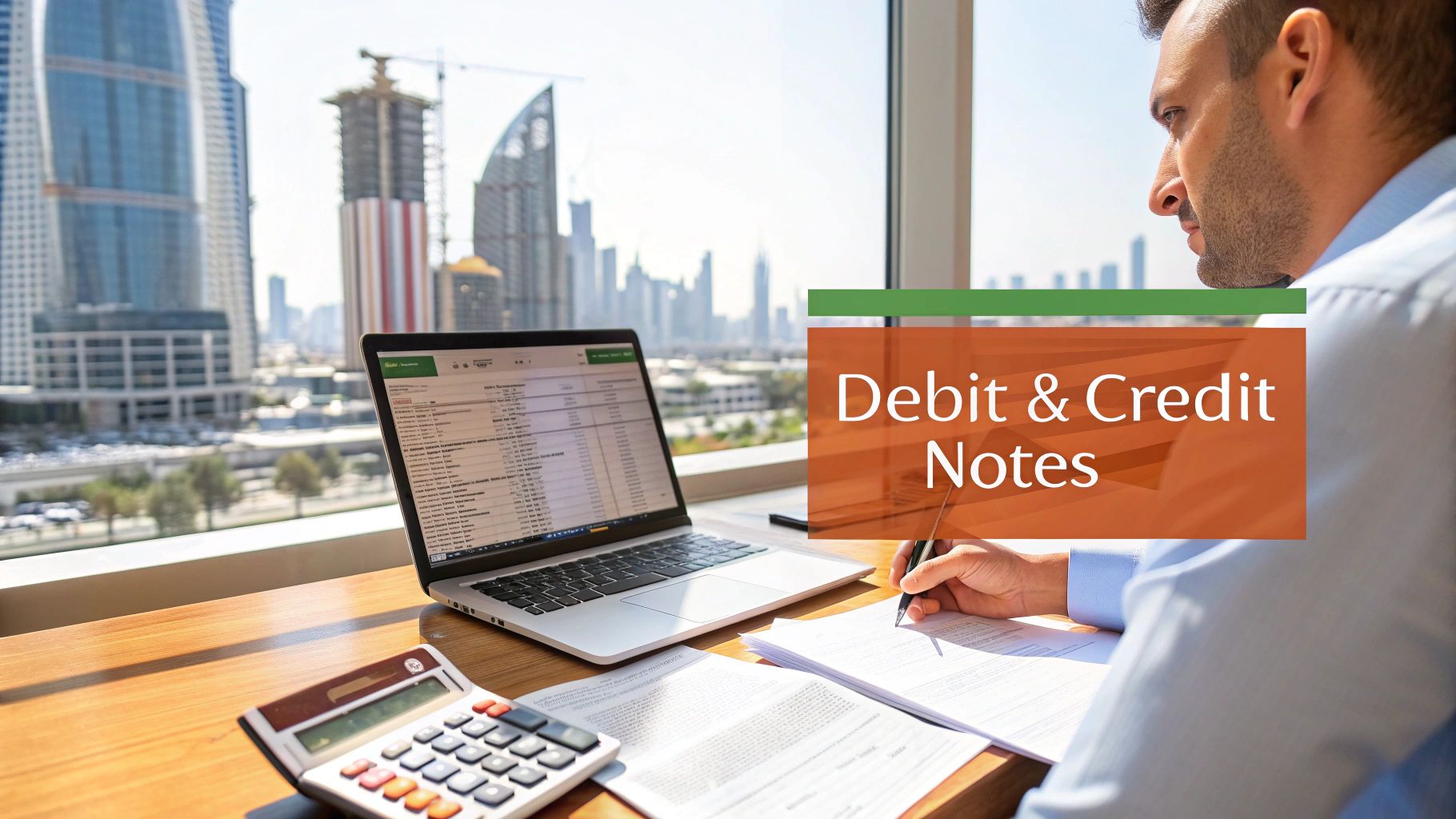 A man working on accounting documents and a laptop, with city skyline outside, displaying 'Debit & Credit Notes'.