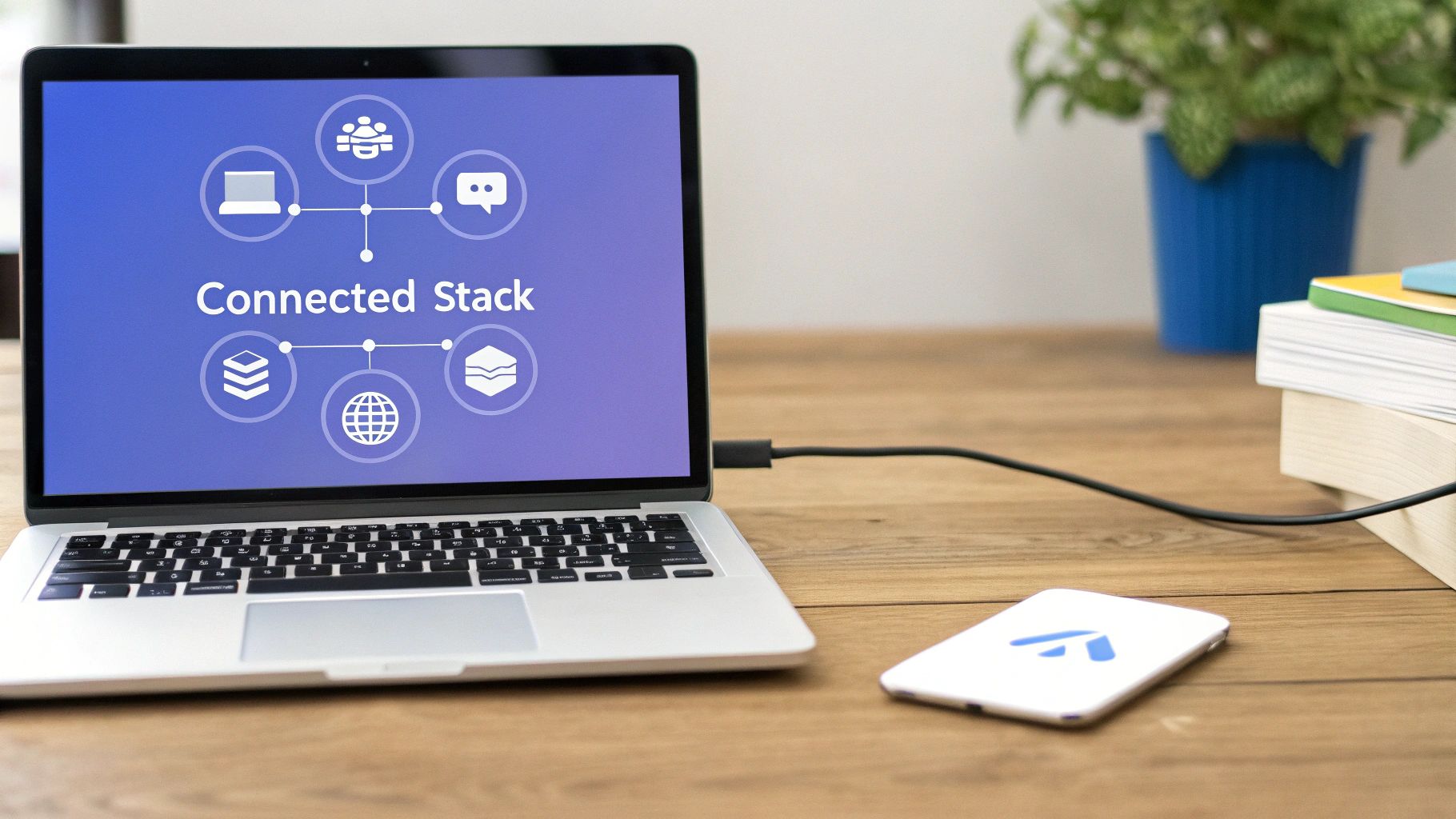 A visual representation of an integrated MarTech stack with logos of CRM, marketing automation, and data tools connected.