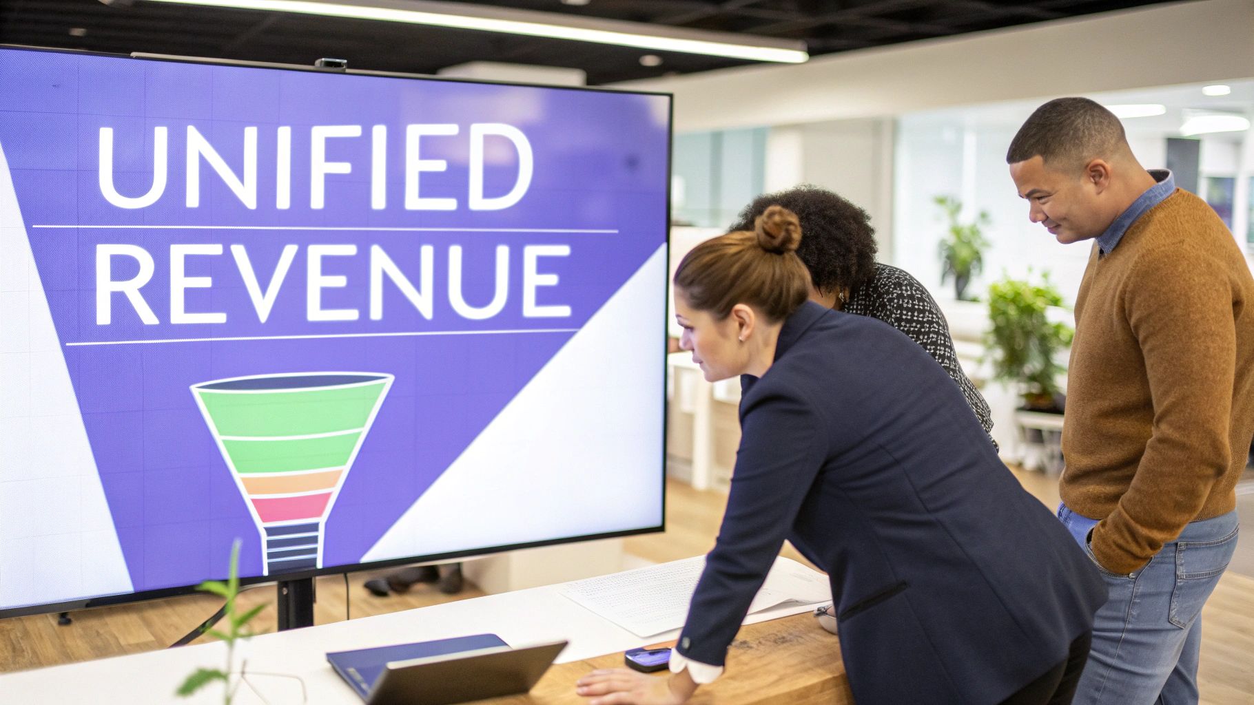 A team of professionals collaborating around a table, symbolizing the alignment and strategy central to Revenue Operations