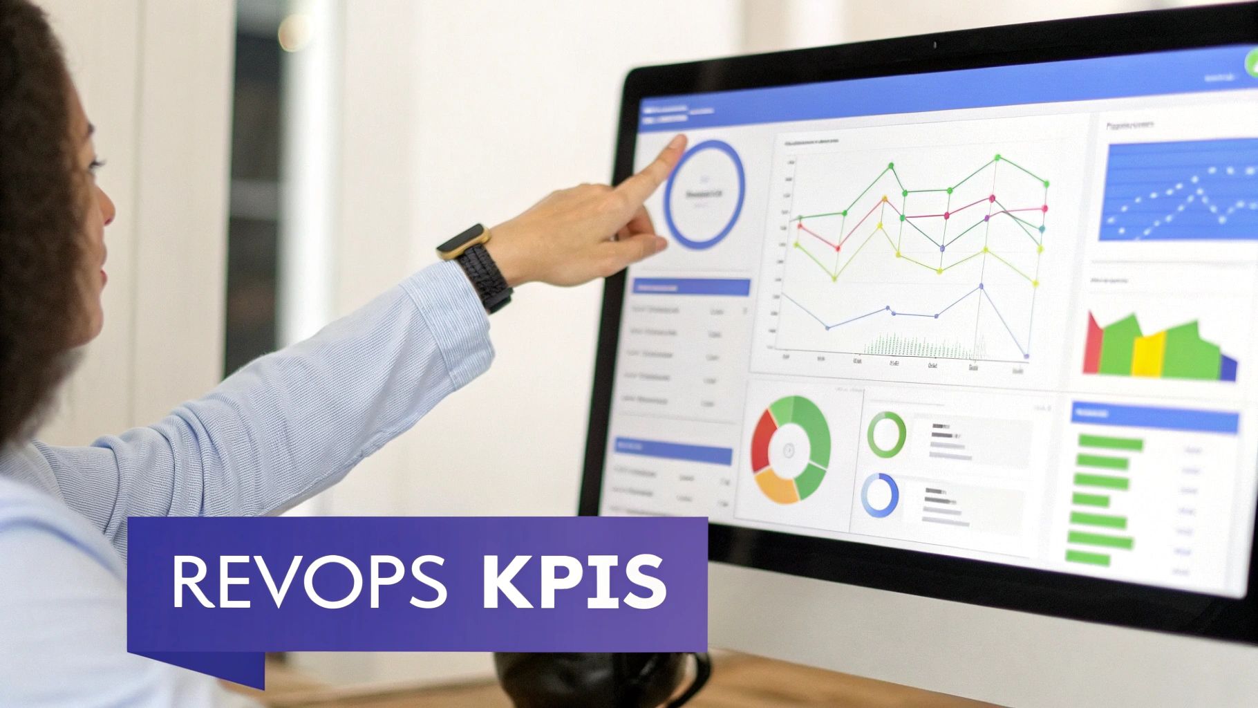 A professional points at a detailed RevOps KPI dashboard on a computer screen, showing various business metrics.