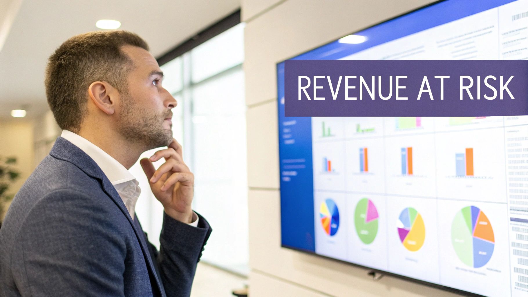 Businessman analyzing a 'REVENUE AT RISK' dashboard with various charts and data visualizations.