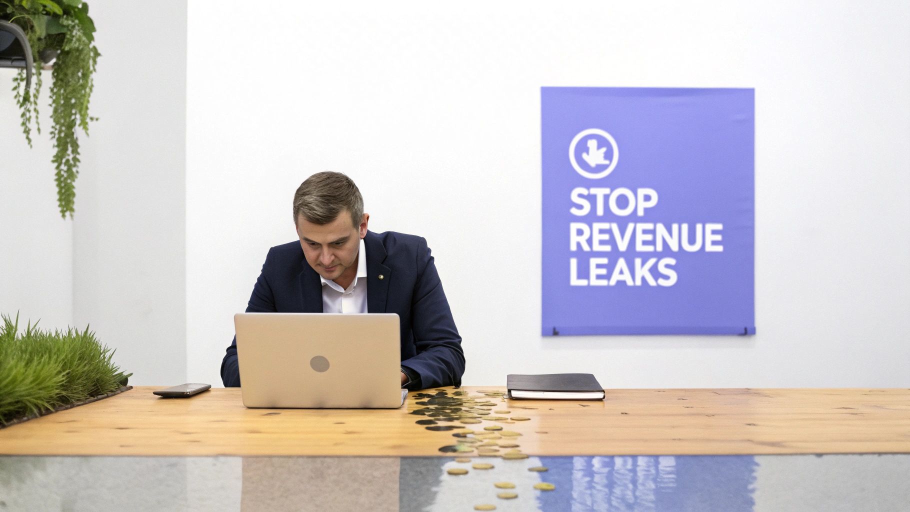 A businessman works intently on a laptop at a desk with scattered coins, beside a 'Stop Revenue Leaks' sign.