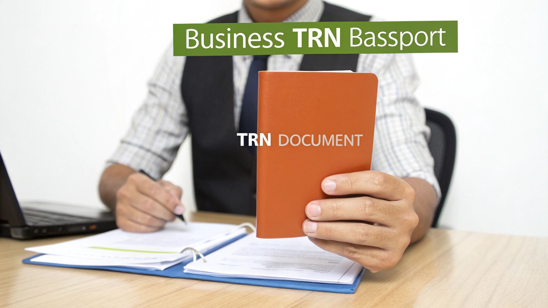 A person in a business setting holds an orange TRN document while writing, with a laptop nearby.