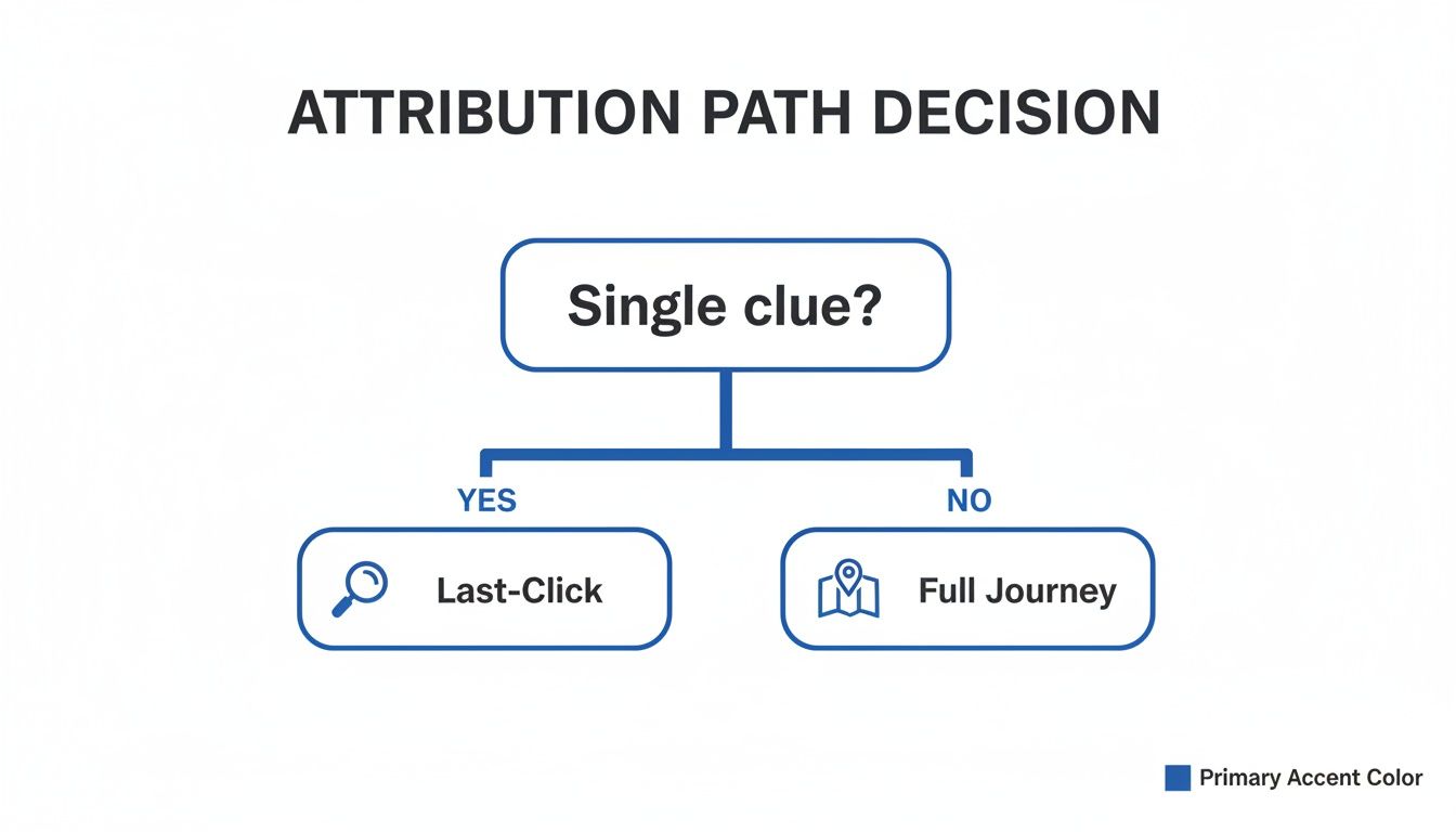 A flowchart illustrates attribution path decisions, asking 'Single clue?' leading to 'Last-Click' (yes) or 'Full Journey' (no).