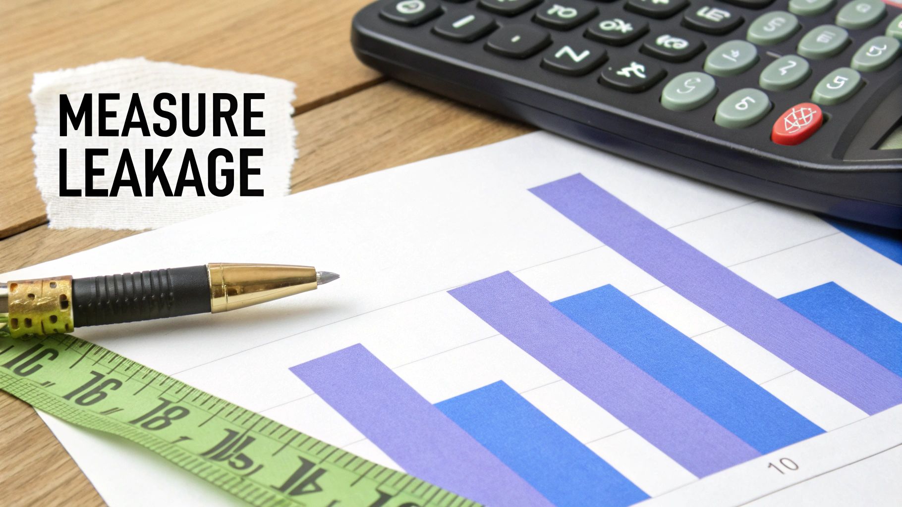 A desk with a 'MEASURE LEAKAGE' note, calculator, bar chart, pen, and measuring tape.