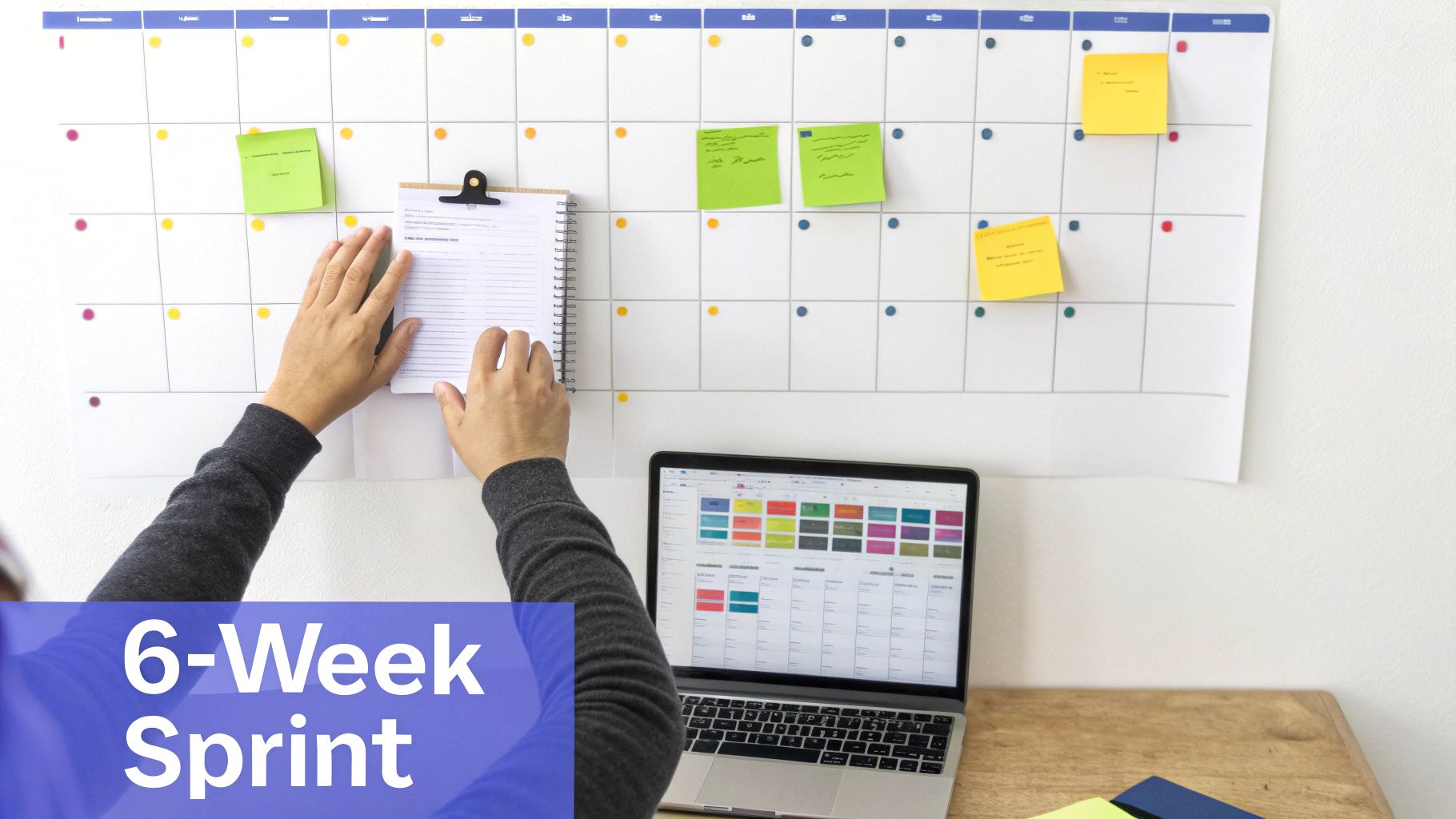 A calendar or timeline graphic showing a six-week plan with icons representing different business activities each week.