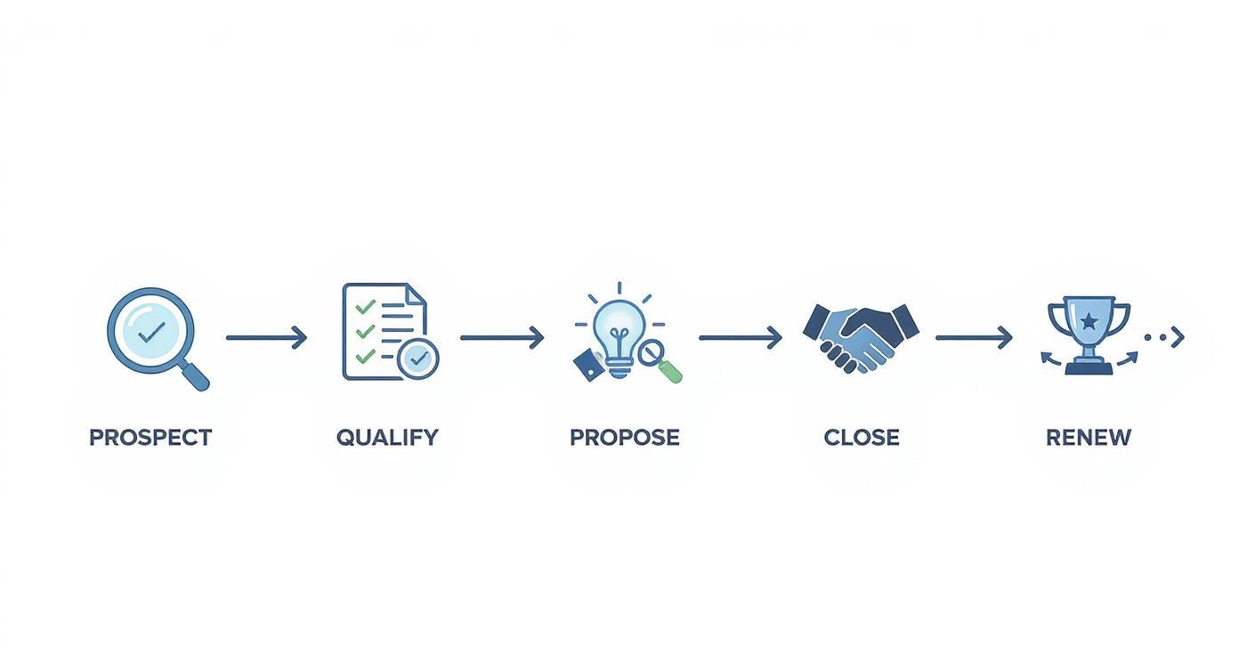 Infographic showing a sales process with five steps: Prospect, Qualify, Propose, Close, and Renew, connected by arrows.