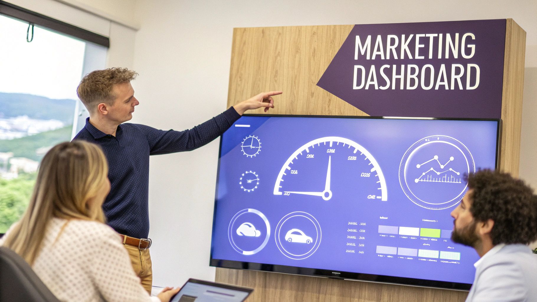 A man presents a marketing dashboard on a large screen to two colleagues in an office.