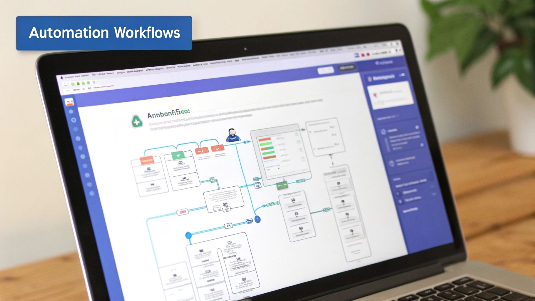 A person at a desk interacting with a large digital screen displaying a complex automation workflow chart.