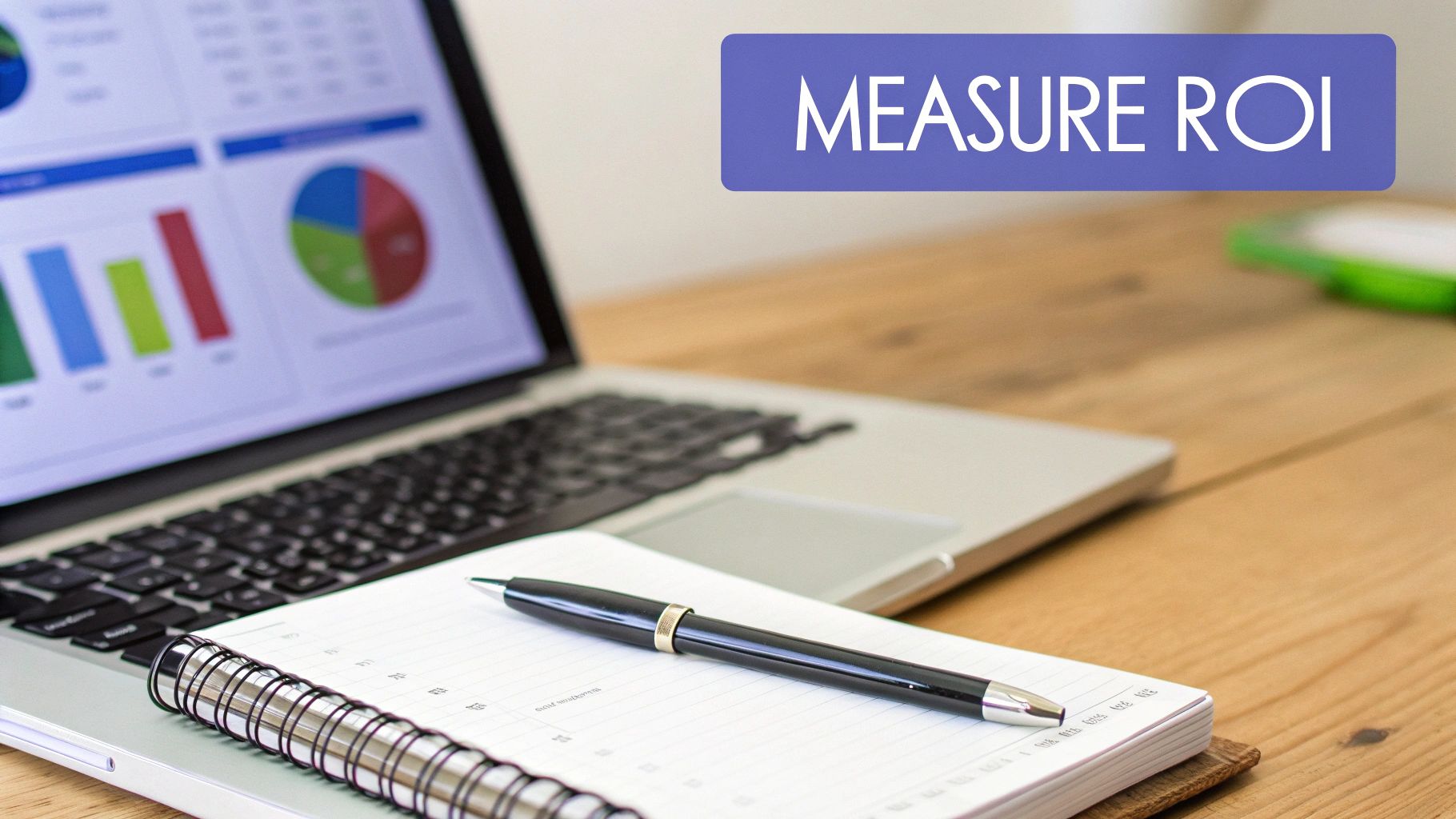 Laptop displaying financial charts, with a notebook, pen, and 'MEASURE ROI' text.