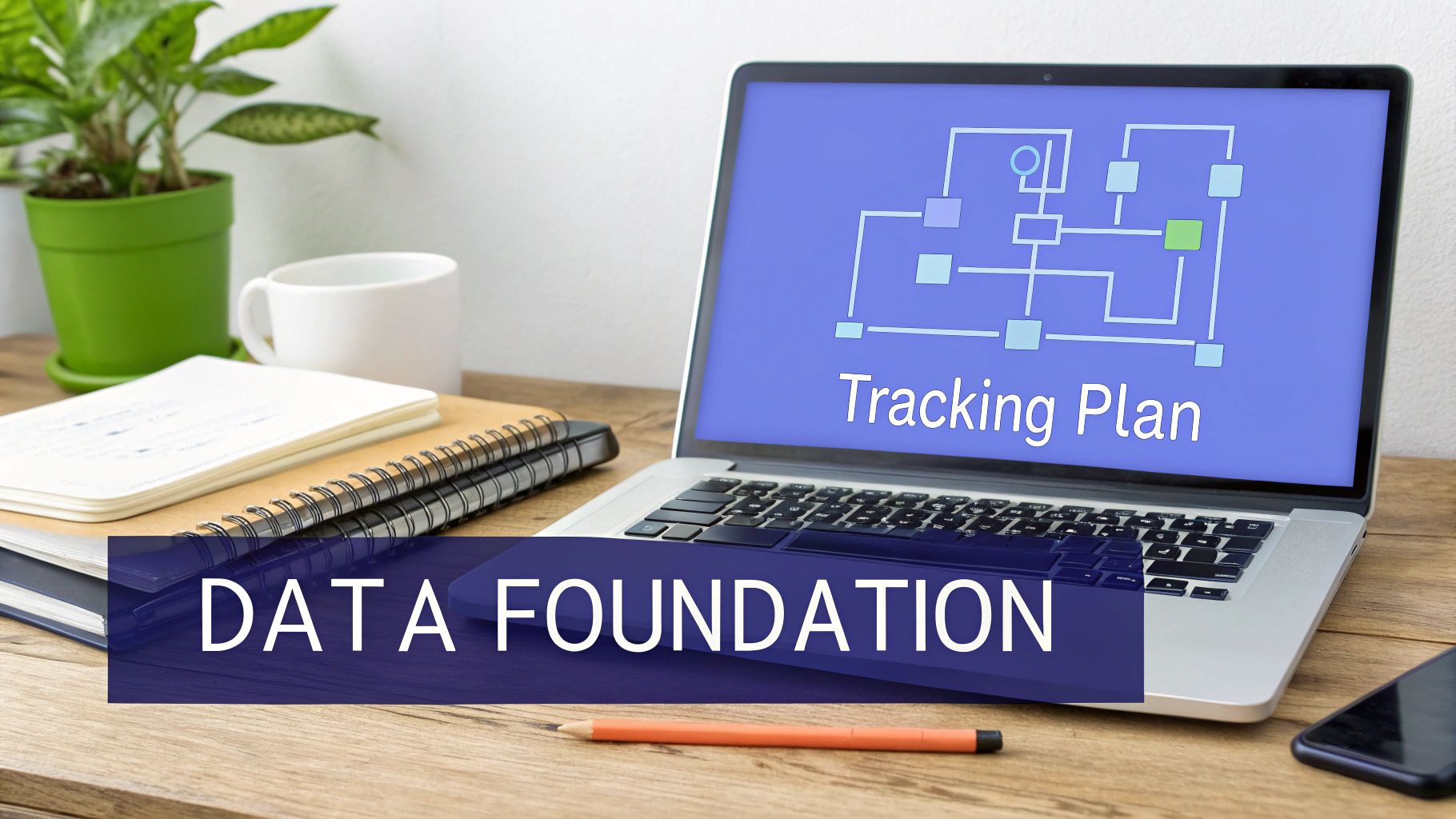 A laptop displays a 'Tracking Plan' flowchart, with notebooks and a plant. A banner says 'DATA FOUNDATION'.