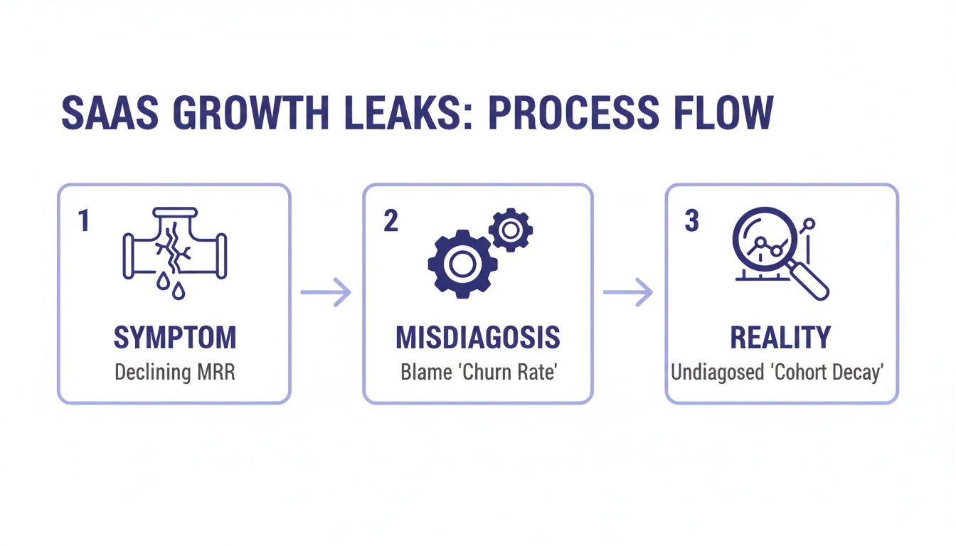 Process flow diagram showing SaaS growth leaks: declining MRR symptom, churn rate misdiagnosis, and cohort decay reality.