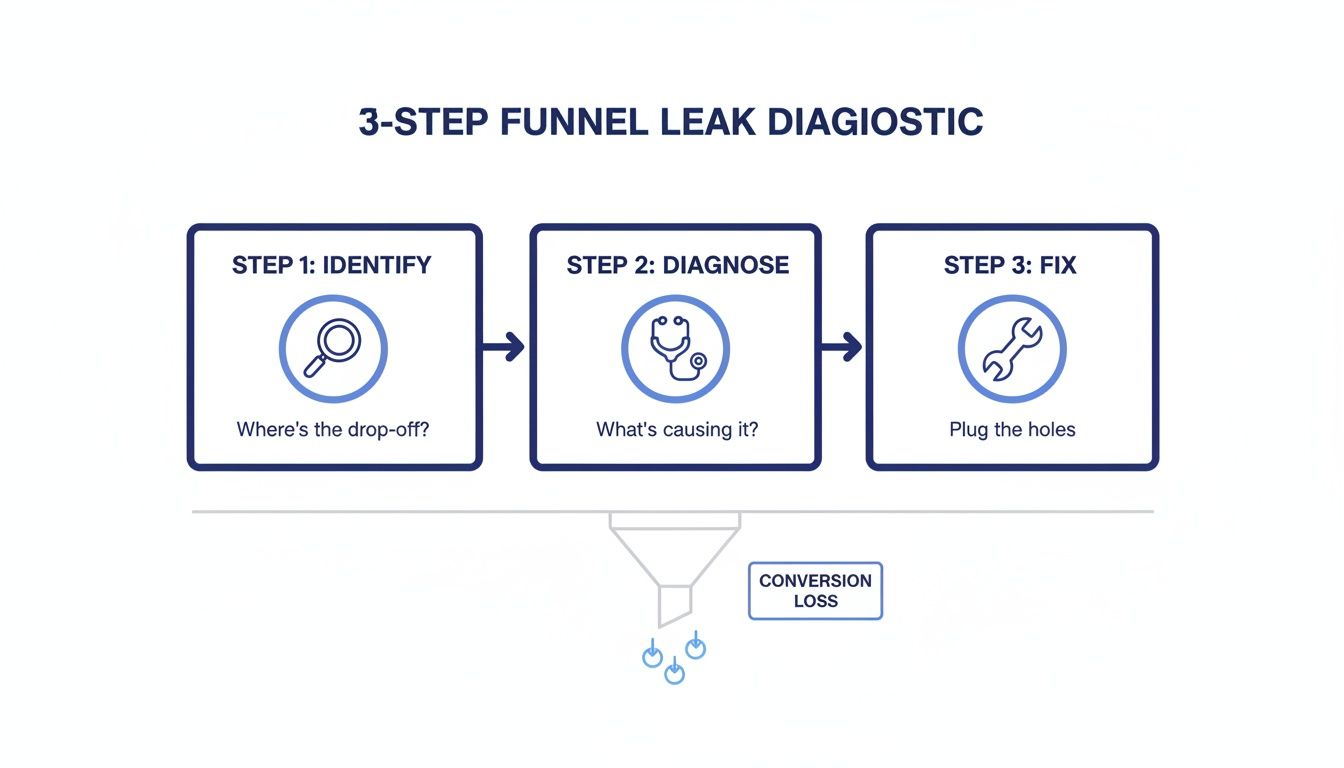 A diagram illustrating a 3-step funnel leak diagnostic process: identify, diagnose, and fix conversion loss.