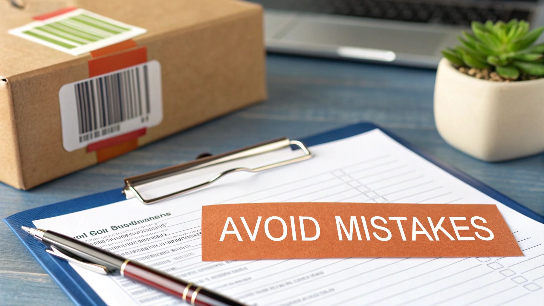 A clipboard with a document and a pen, next to a 'AVOID MISTAKES' note and a shipping box.