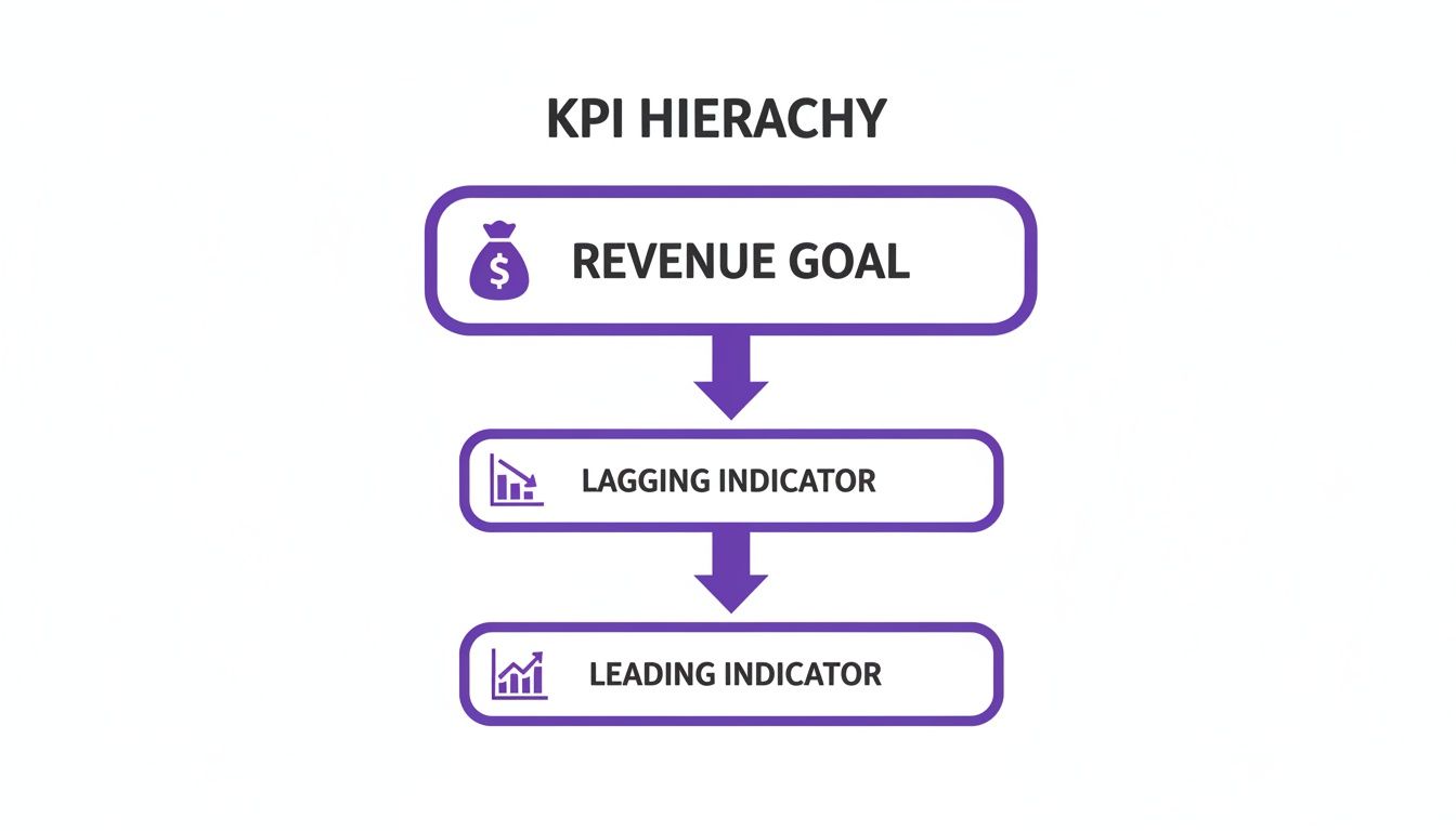 Diagram showing KPI hierarchy: Revenue Goal, followed by Lagging Indicator, and then Leading Indicator.