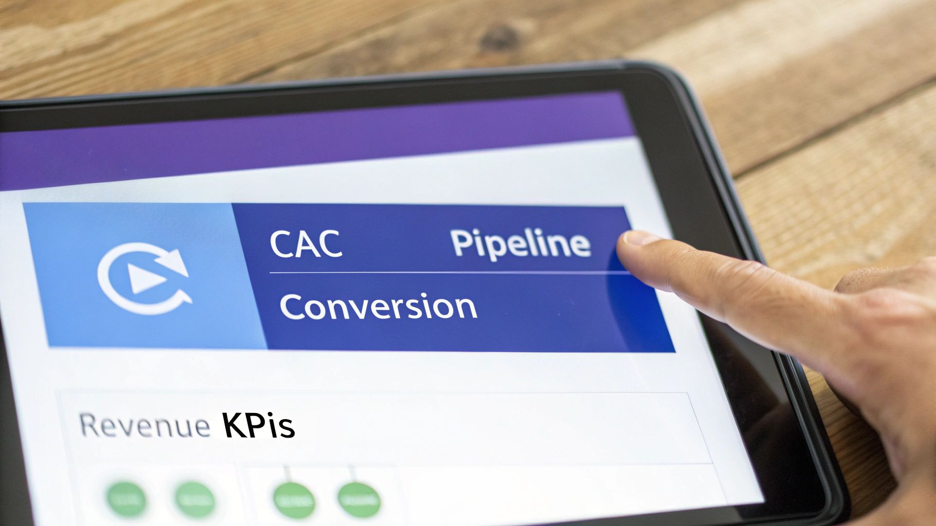 A dashboard showing key marketing KPIs like Pipeline Velocity and Customer Acquisition Cost.