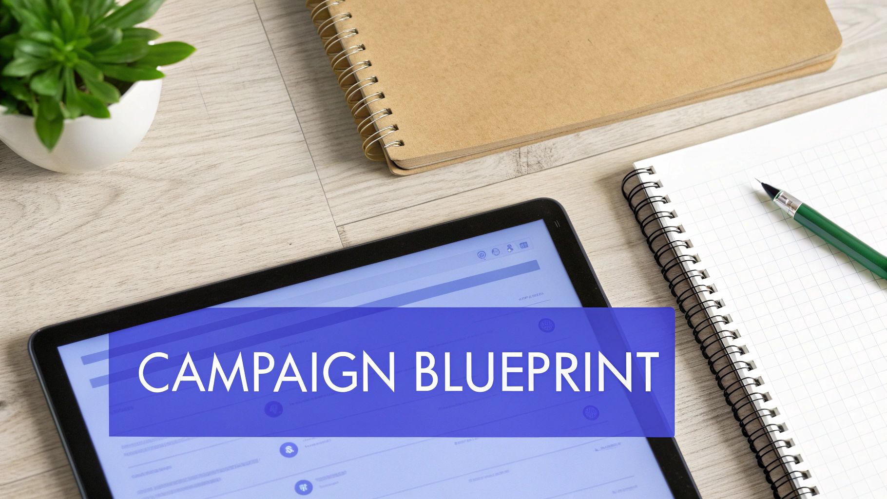 A person at a desk planning a campaign on a computer screen