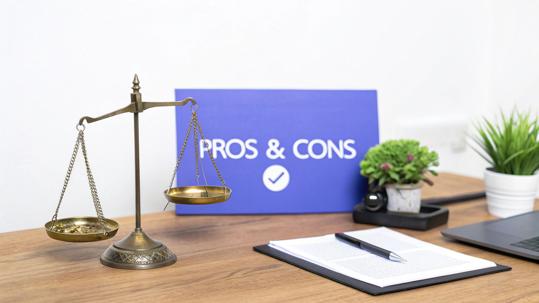 A brass balance scale next to a 'PROS & CONS' sign on a wooden desk with a document.