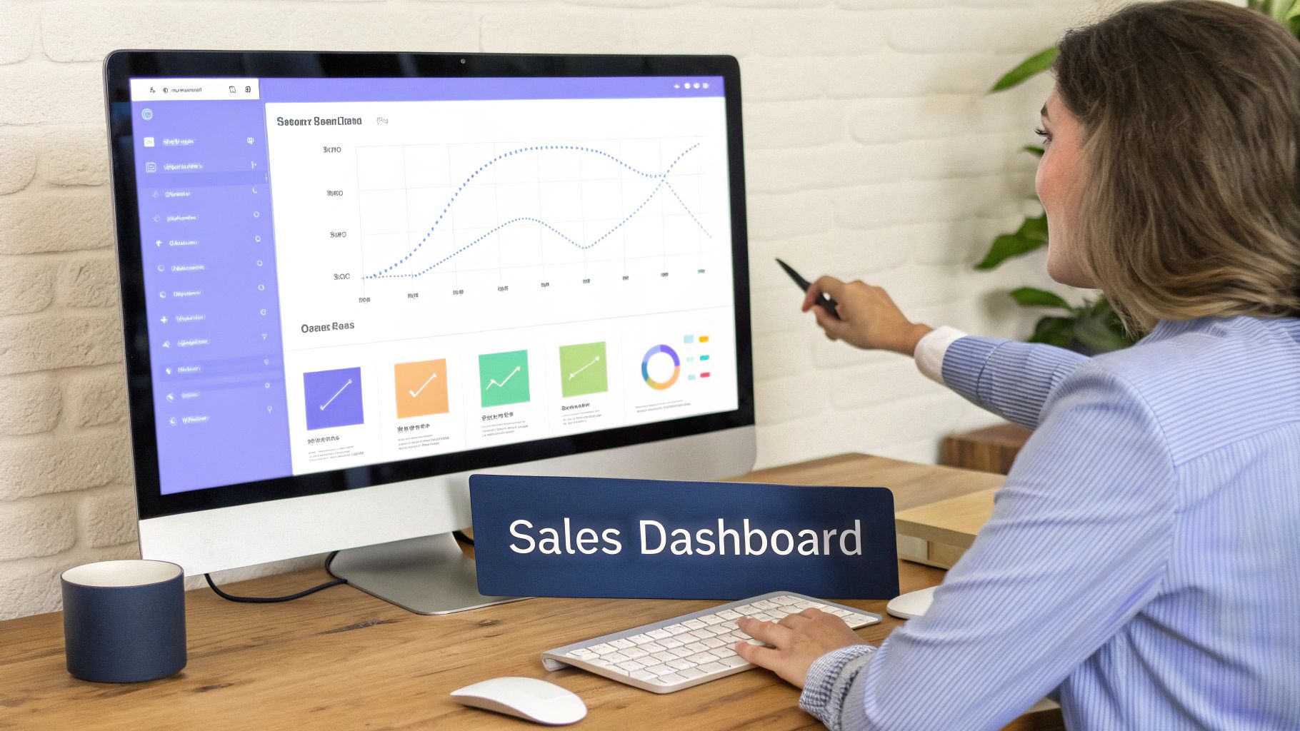 Professional woman analyzing a sales dashboard on a computer, pointing at charts with a pen.