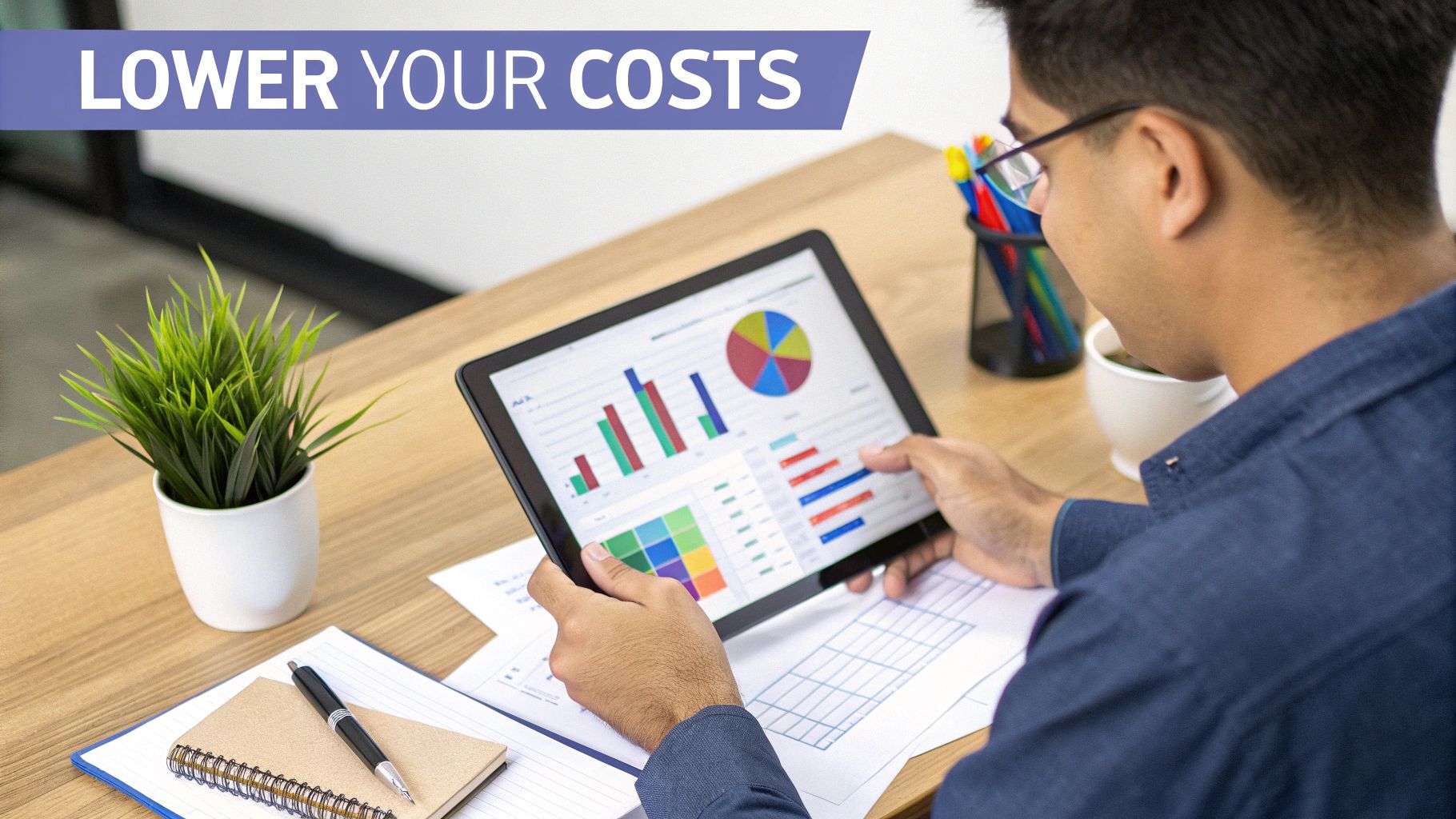 A person working on a laptop with charts and graphs, planning a Google Ads budget.