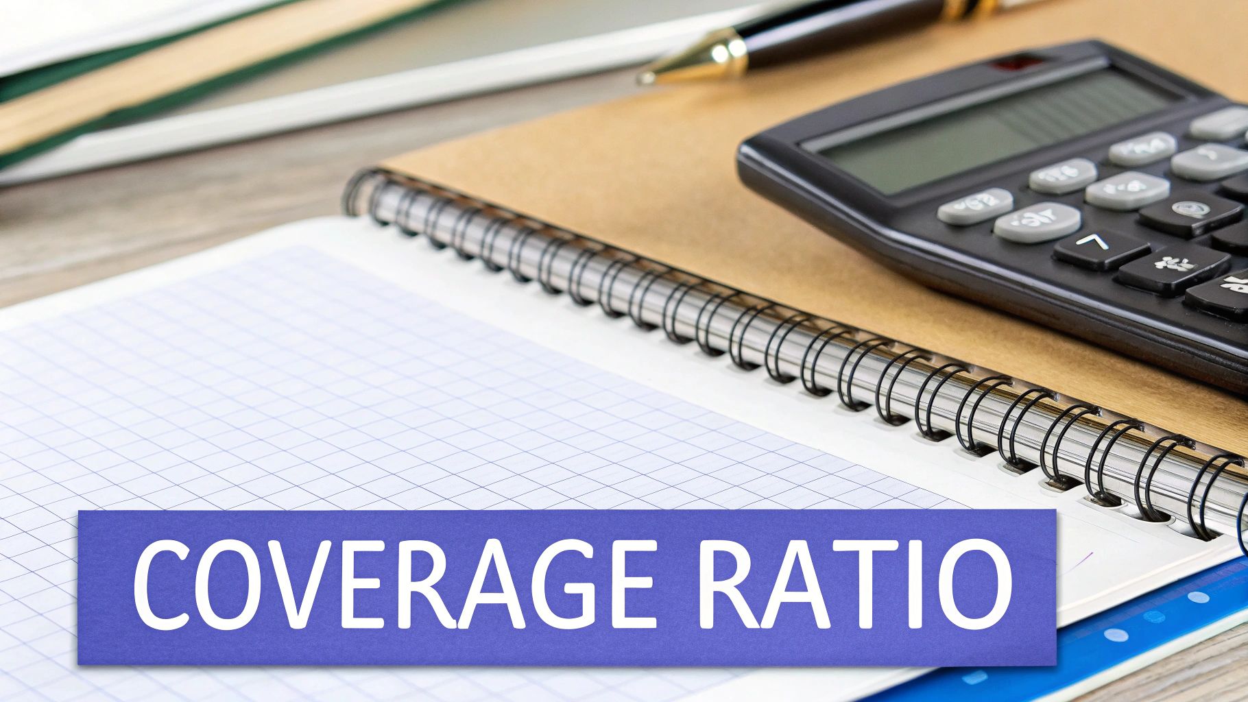 A desk setup featuring a calculator, pen, and notebooks, with a blue banner displaying 'COVERAGE RATIO'.