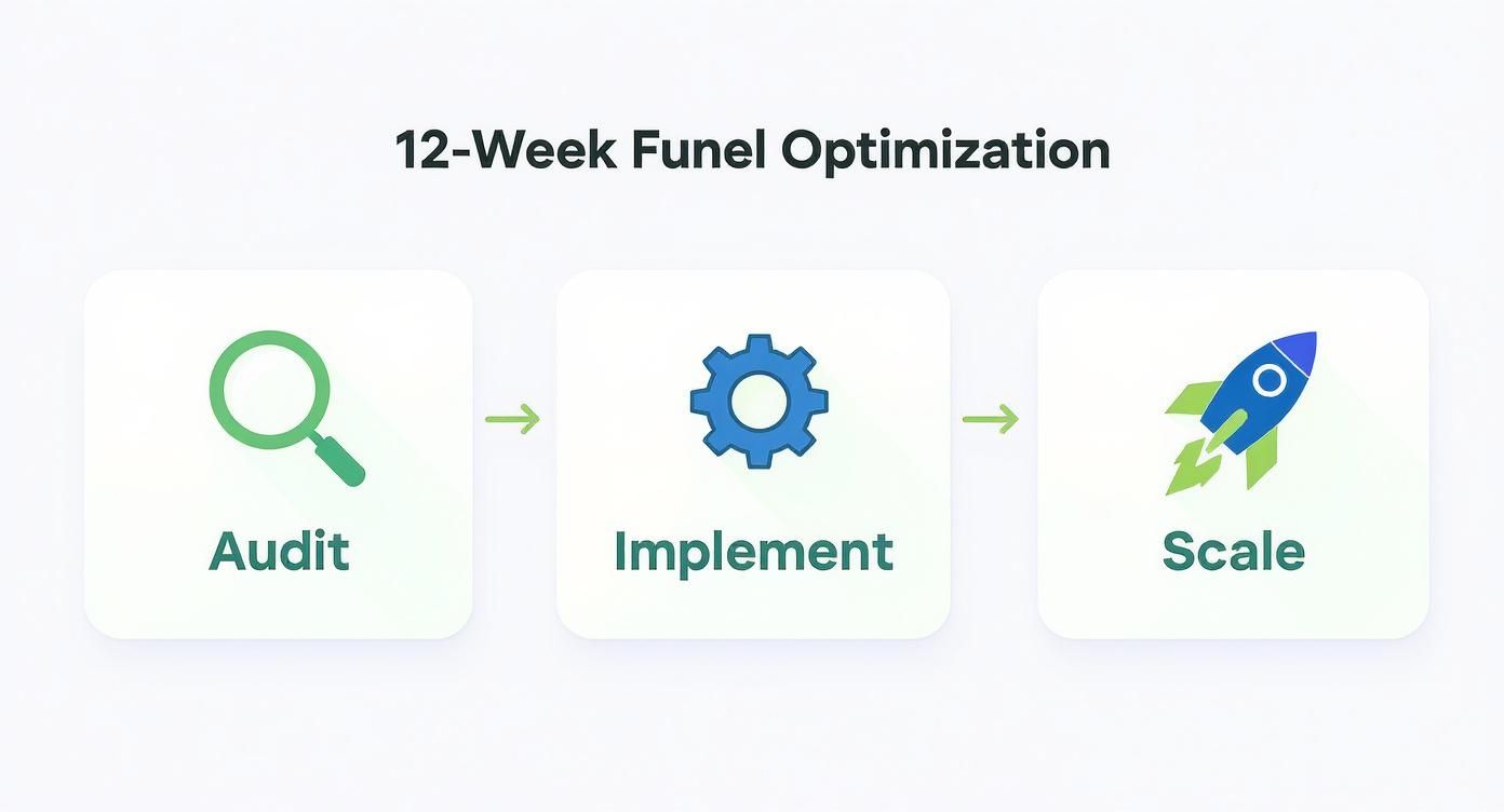 Diagram illustrating a 12-week funnel optimization process, showing steps: Audit, Implement, and Scale.