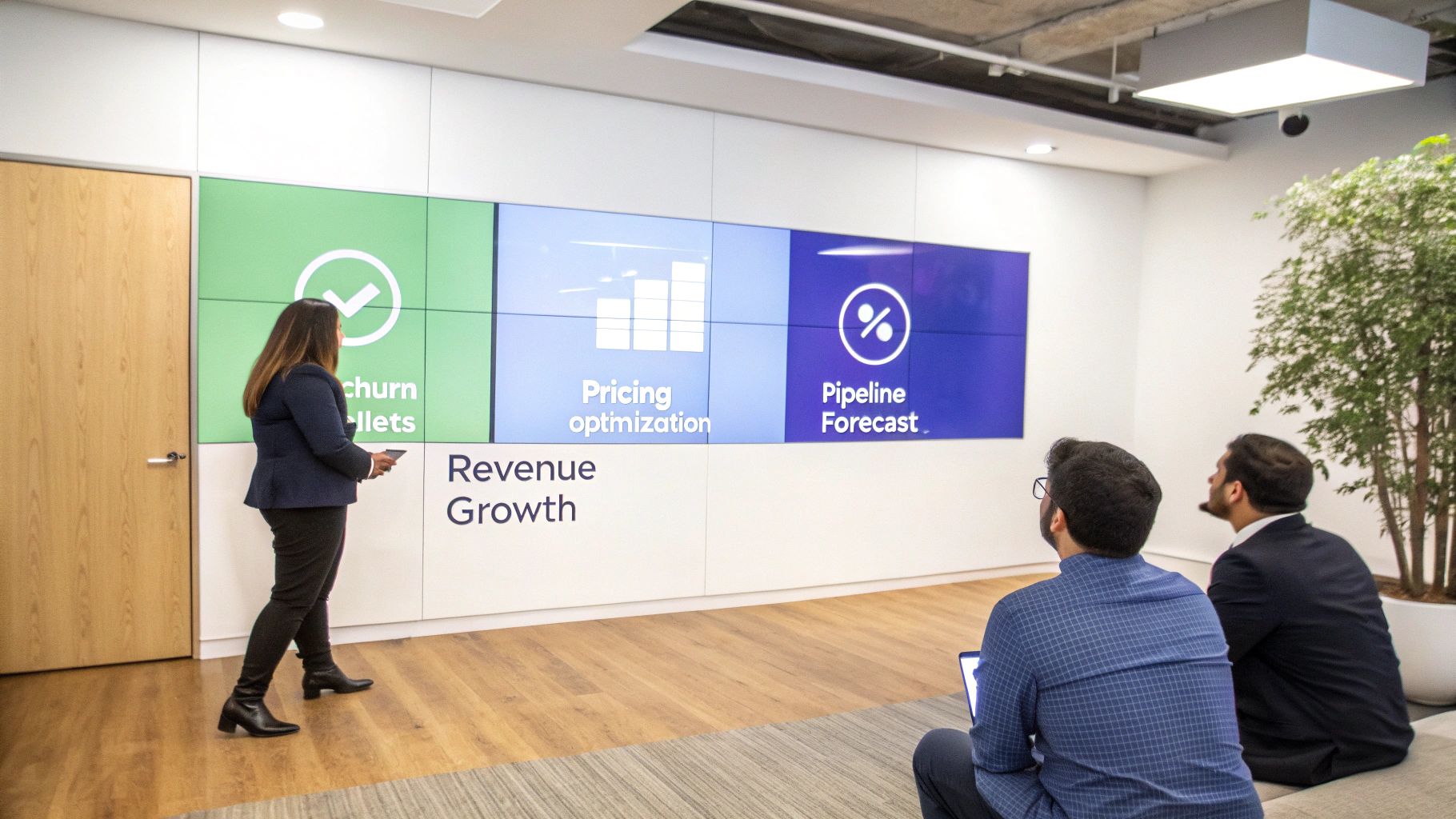 A woman presents business intelligence data on a large screen to two men in an modern office.