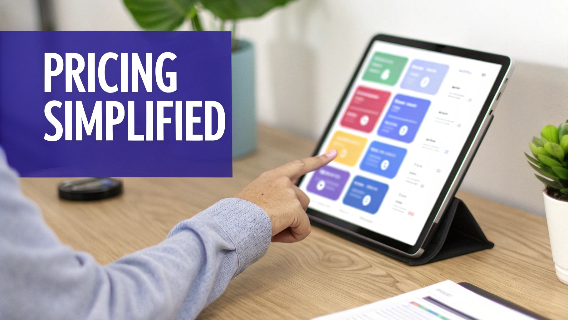 A hand touches a tablet displaying a pricing application interface with a 'PRICING SIMPLIFIED' banner.