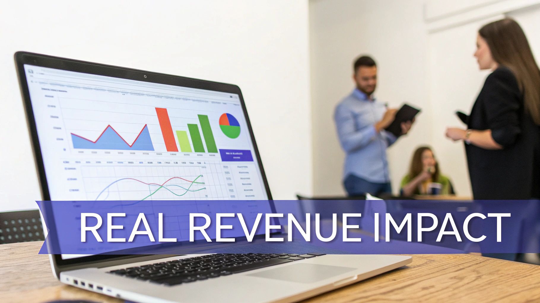 Laptop displaying colorful revenue analytics charts and graphs during business team meeting presentation