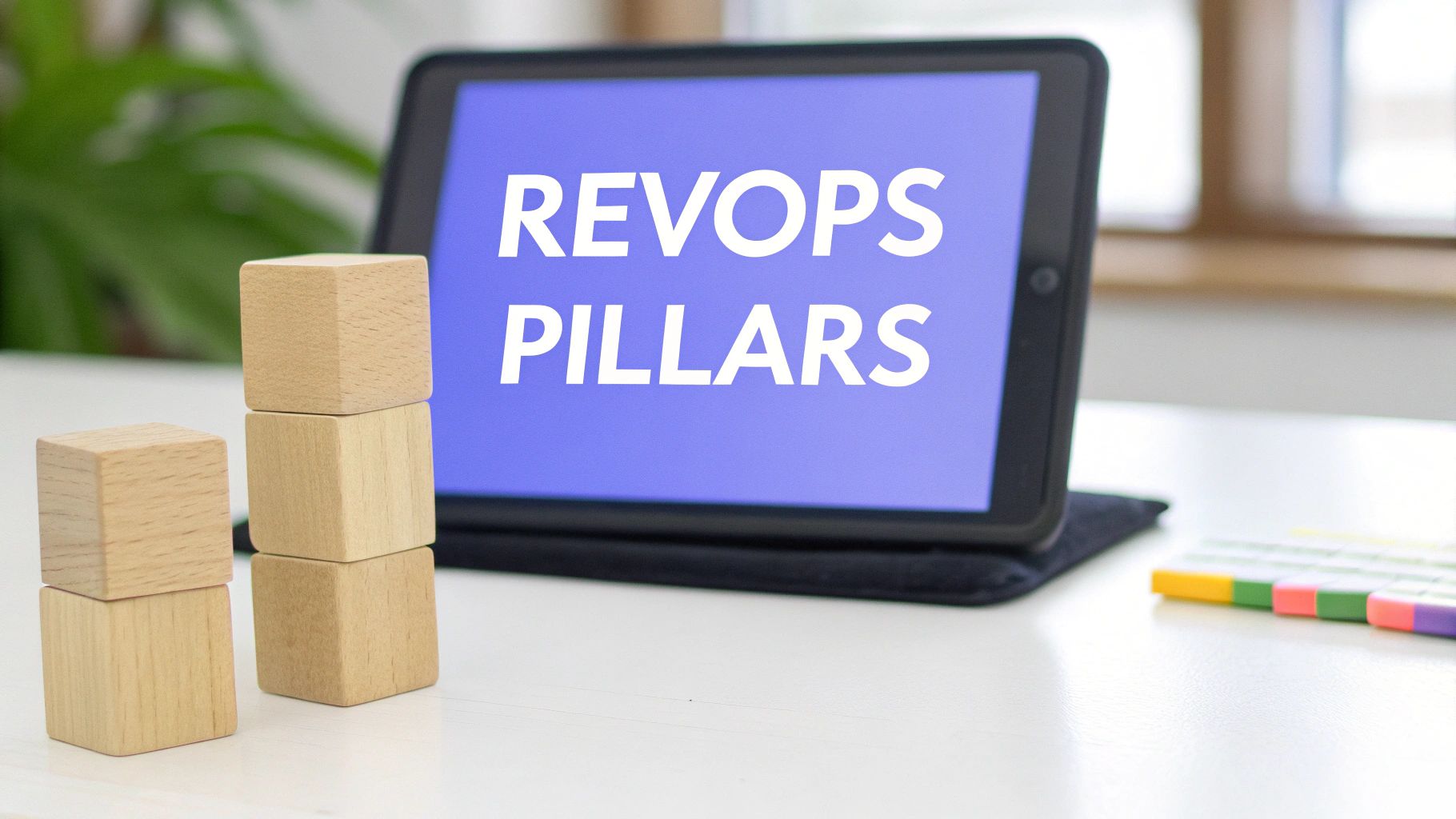 Illustration showing the four pillars of RevOps: Operations, Enablement, Insights, and Technology, interconnected to form a solid foundation.