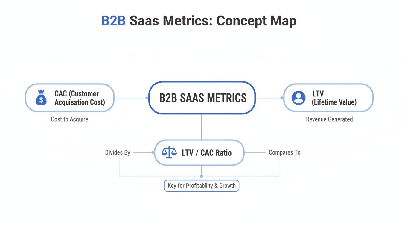 A concept map illustrating B2B SaaS metrics, showing Customer Acquisition Cost, Lifetime Value, and their ratio.