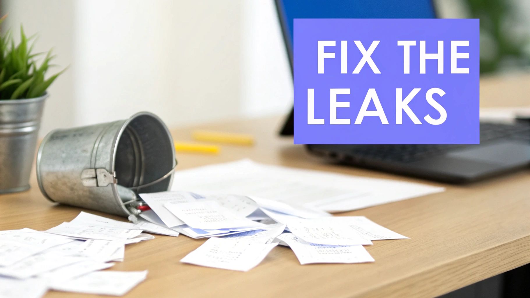 An overturned bucket spills numerous receipts on a desk, with a laptop and 'FIX THE LEAKS' text.