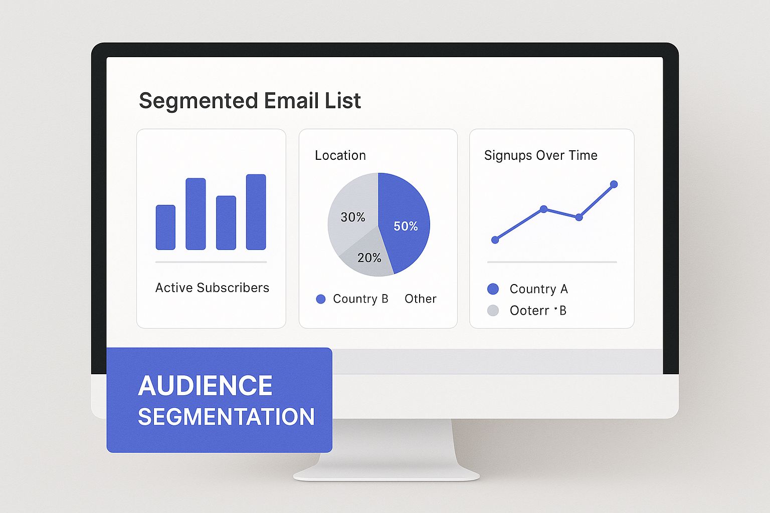 Infographic displaying a segmented email list dashboard with data cards and the text 'Audience Segmentation'.