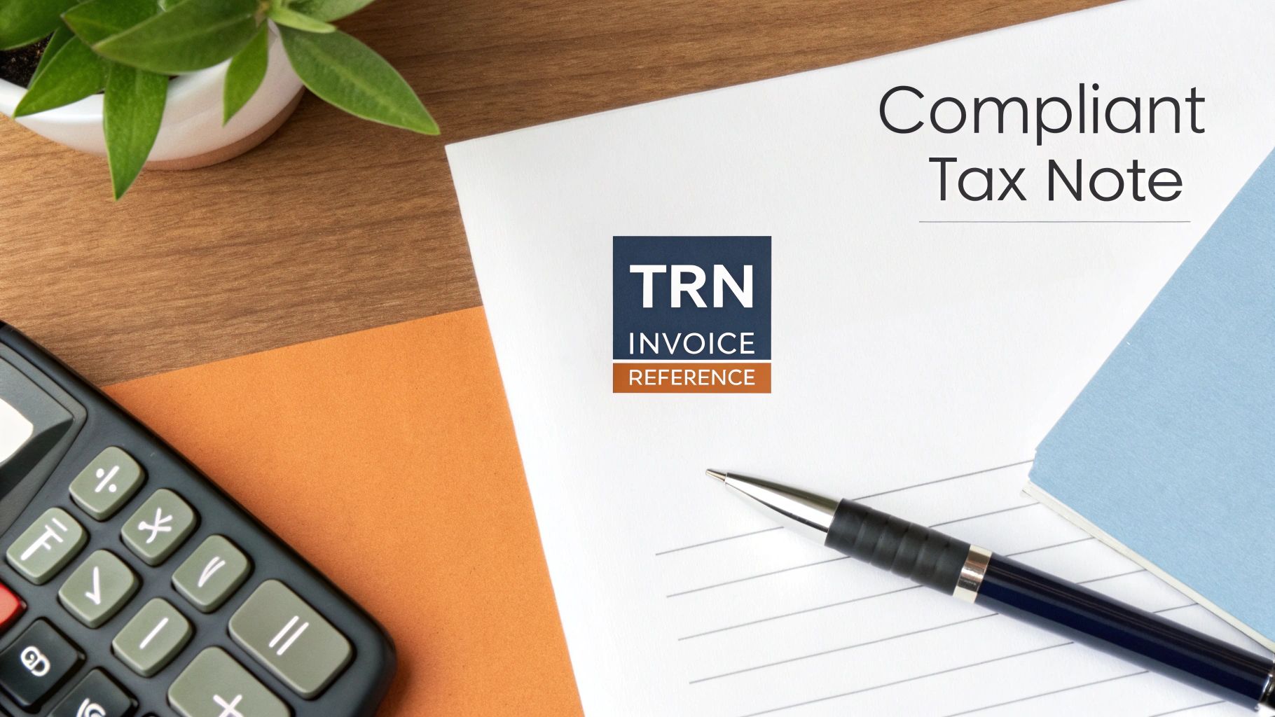 A desk with a calculator, plant, pen, and paper featuring 'Compliant Tax Note' and 'TRN Invoice Reference' logo.