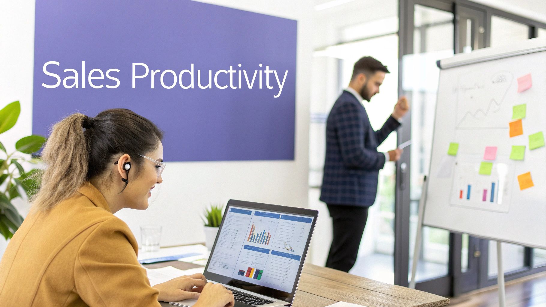 Professionals collaborate in an office, a woman analyzing sales data on a laptop, a man presenting.