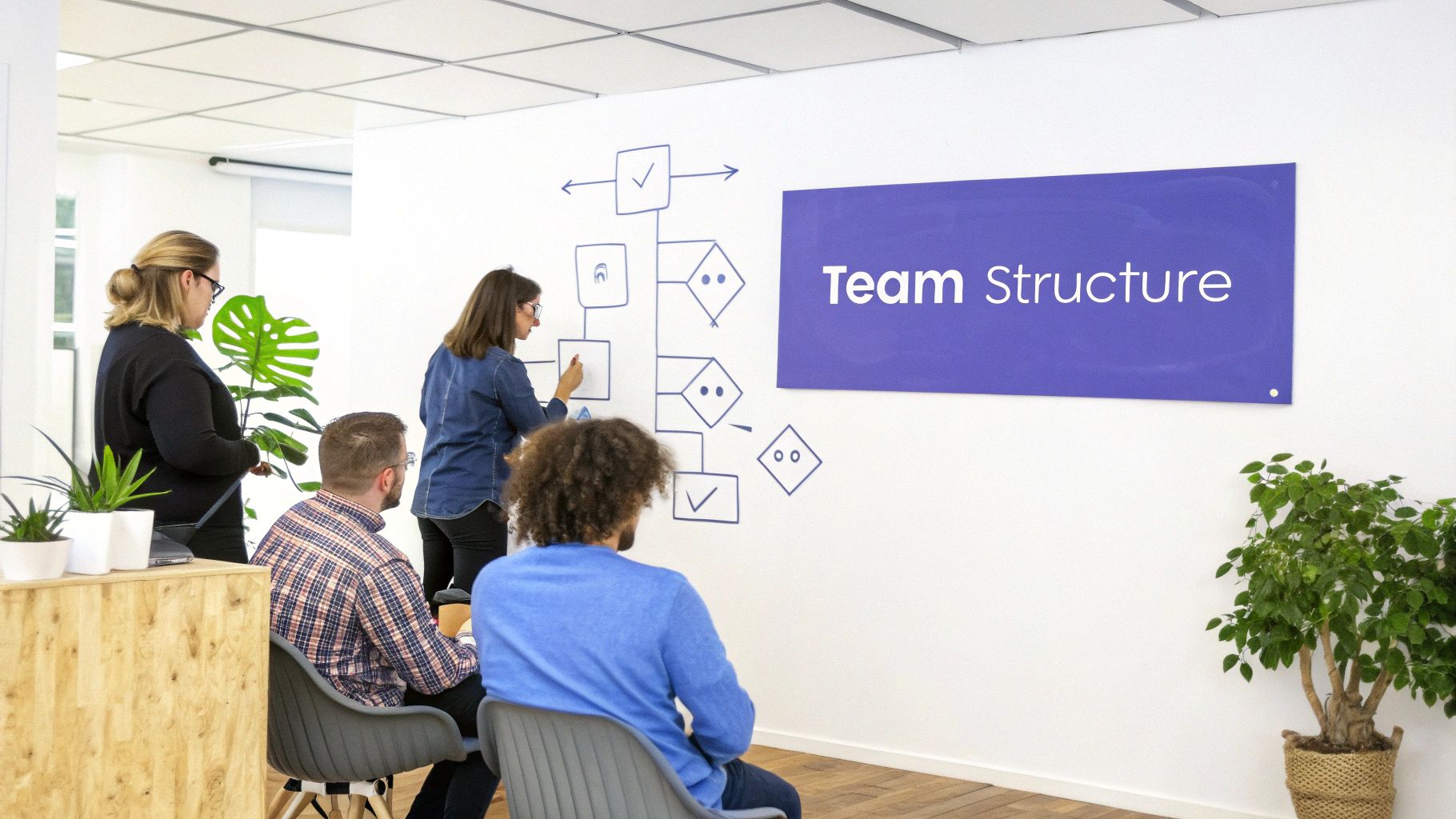 People in an office collaborating on a whiteboard with a 'Team Structure' diagram and flowchart.
